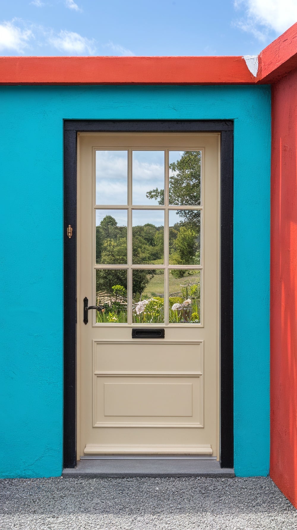 A cream front door framed by vibrant turquoise and red walls.