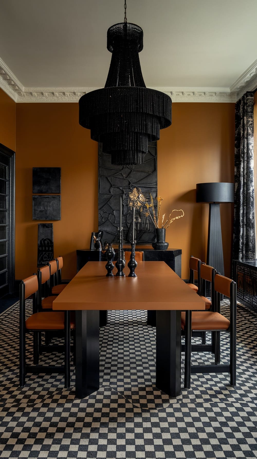 A modern dining room featuring caramel walls, a black chandelier, and a patterned floor.