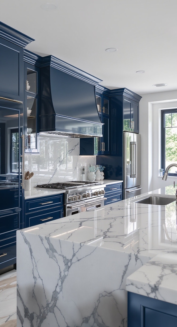 Indigo kitchen cabinets with marble countertops