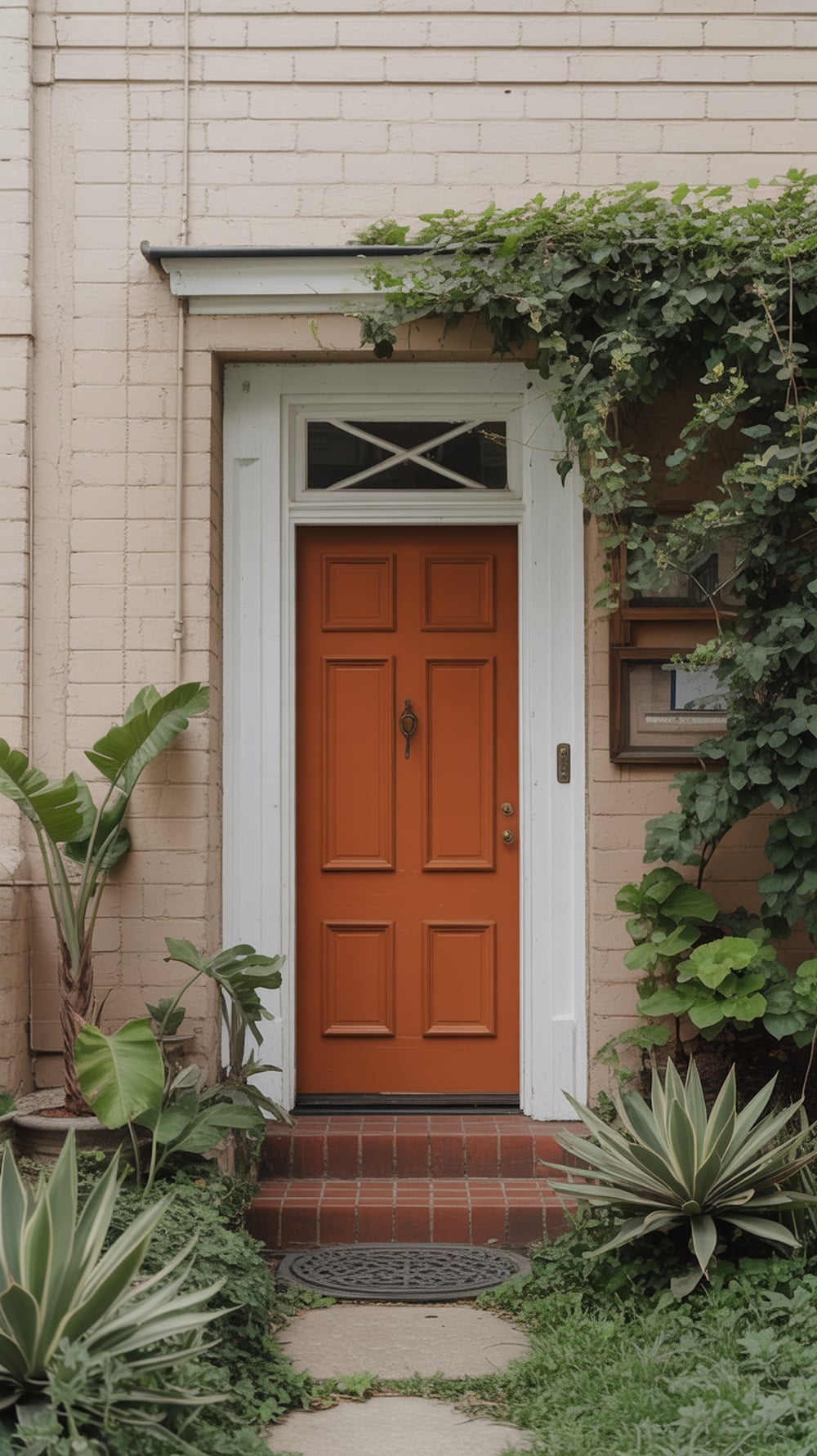 A rust orange front door surrounded by lush greenery and plants.