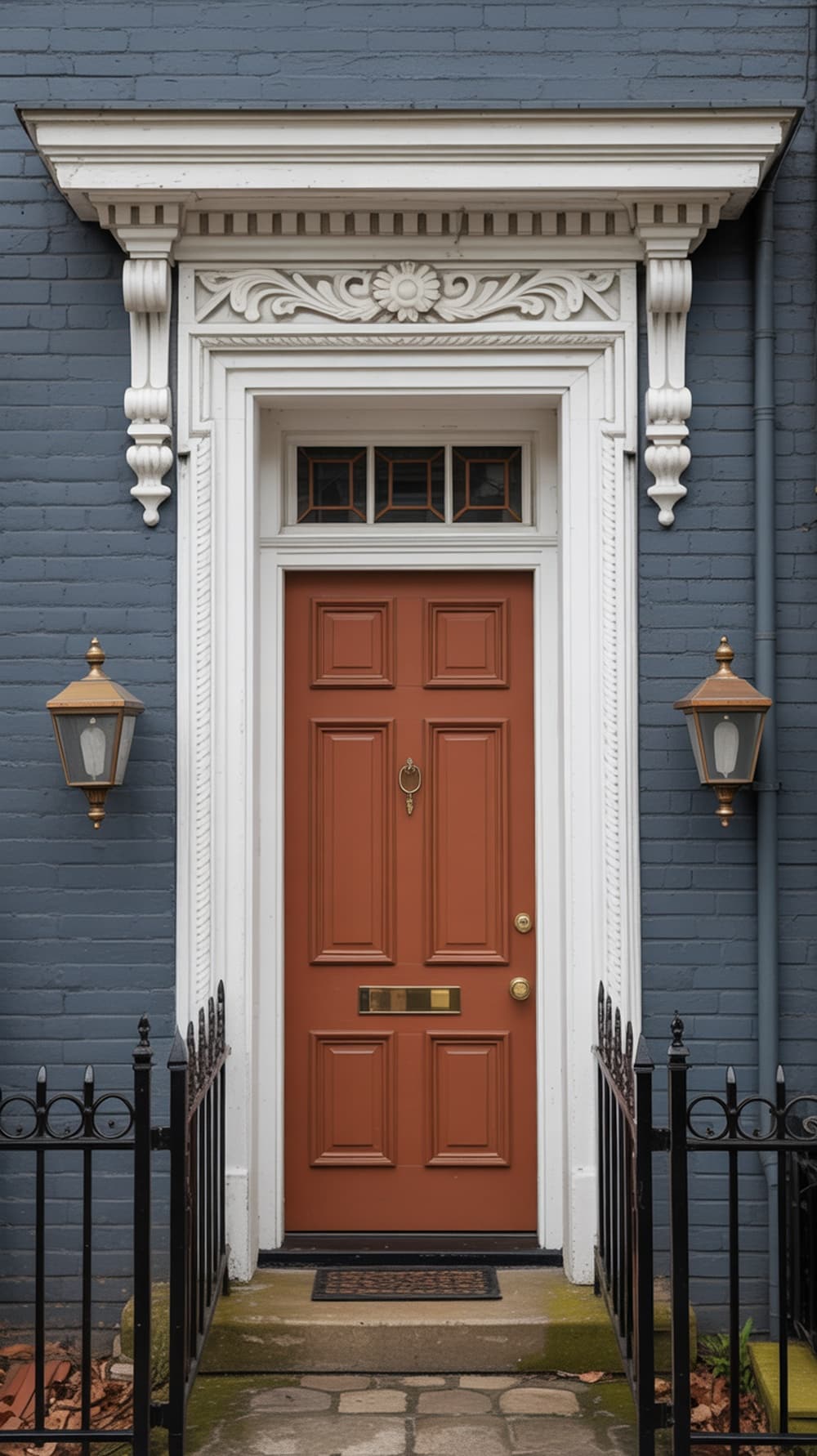 A rust orange front door with white trim against a blue brick wall, featuring decorative elements and light fixtures.