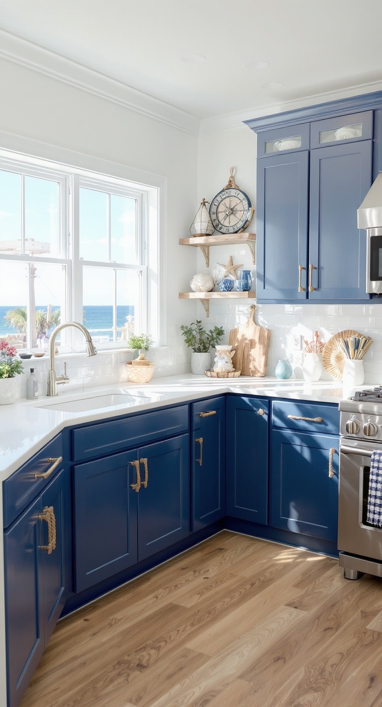 Coastal kitchen featuring indigo cabinets and light countertops