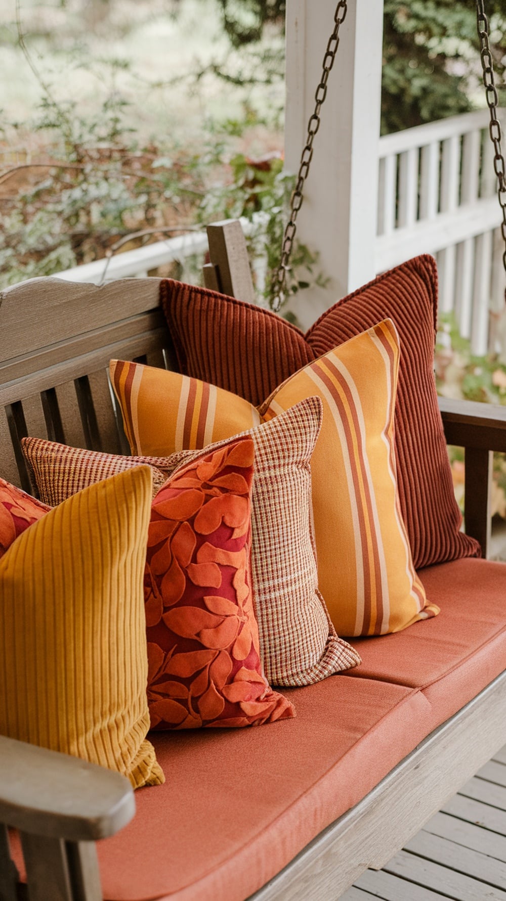 A collection of textured throw pillows in warm fall colors on a porch swing.