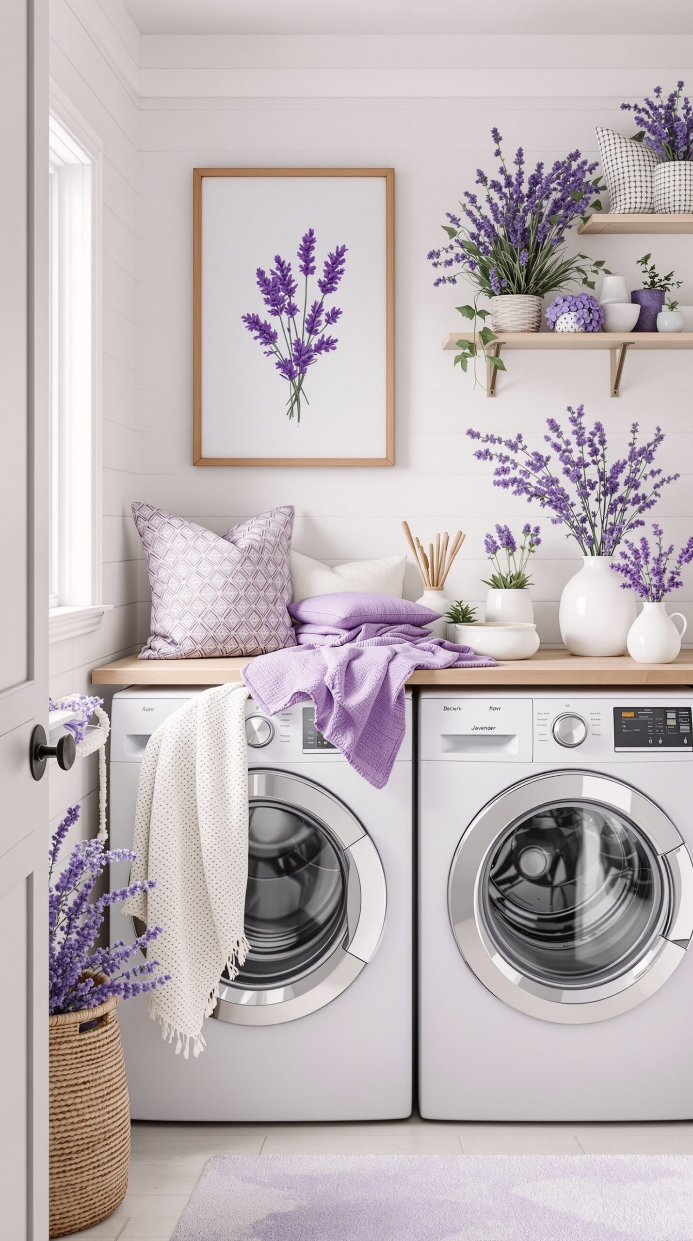 A charming laundry room decorated with lavender accents, including floral arrangements, pillows, and a lavender-themed artwork.