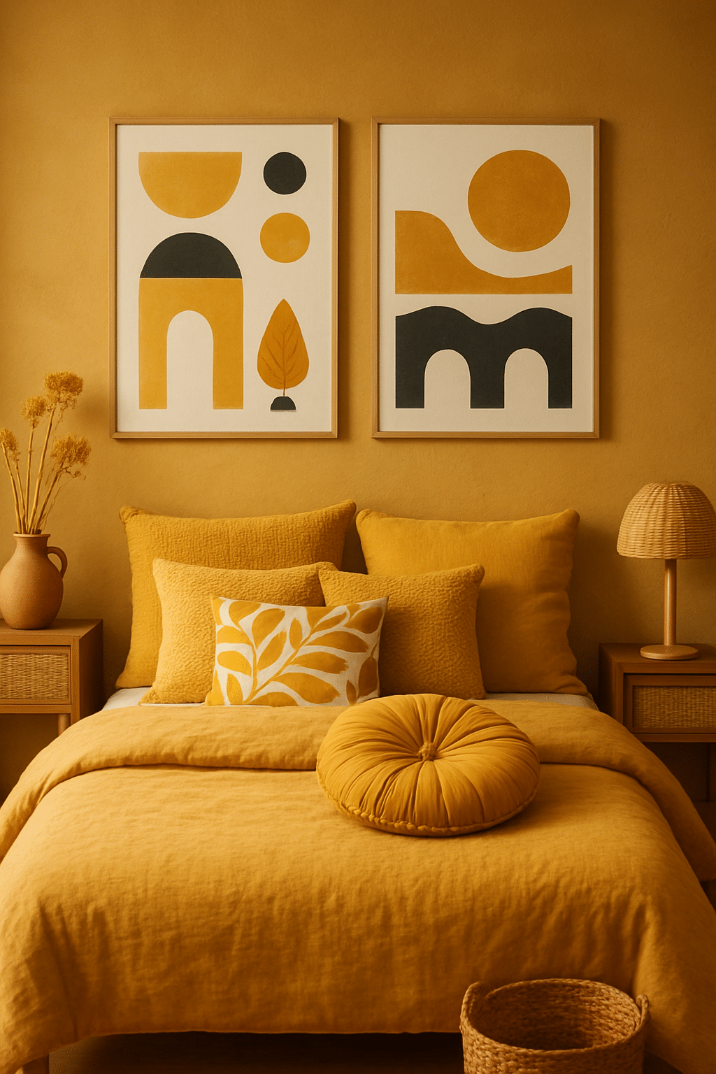 A cozy bedroom decorated in ochre yellow with geometric art, layered bedding, and natural elements.