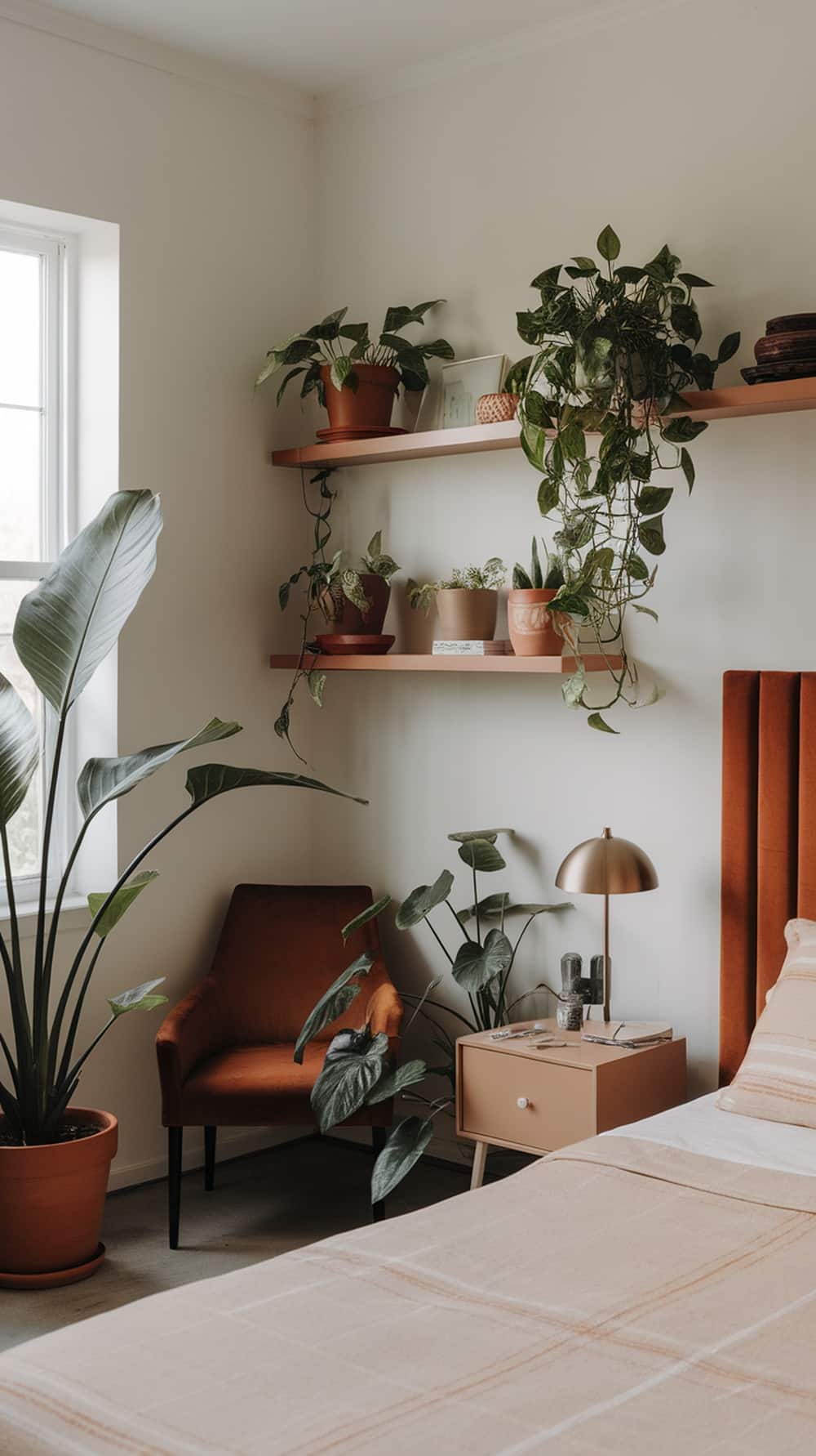 A cozy bedroom featuring burnt sienna accents and various indoor plants.
