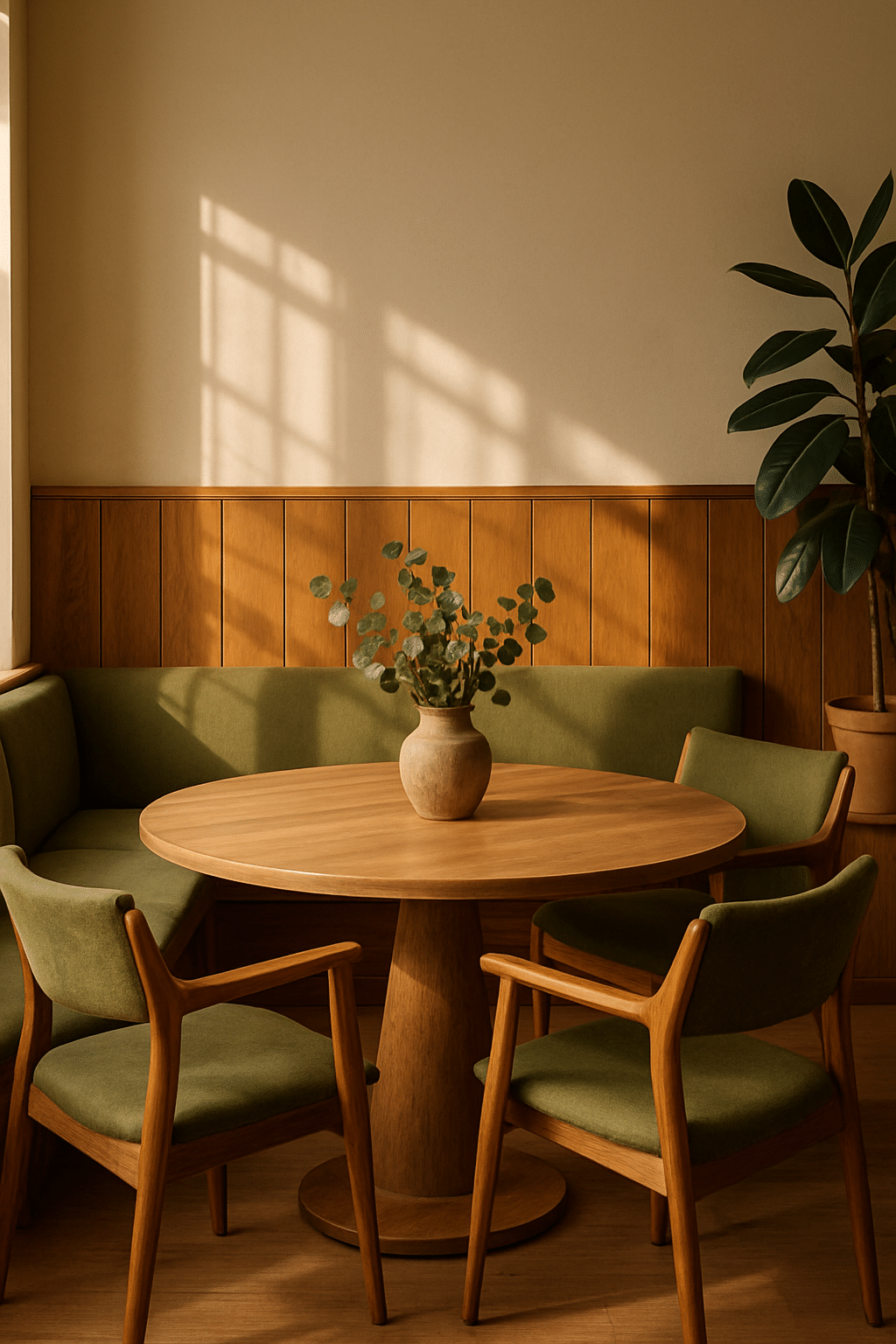 Cozy dining area featuring olive green chairs and a wooden table
