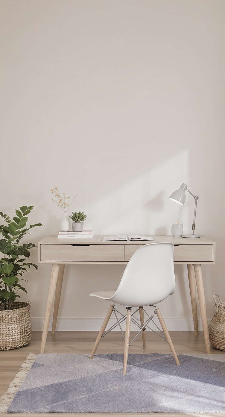 Minimalist greige desk setup with a chair, lamp, and plants.