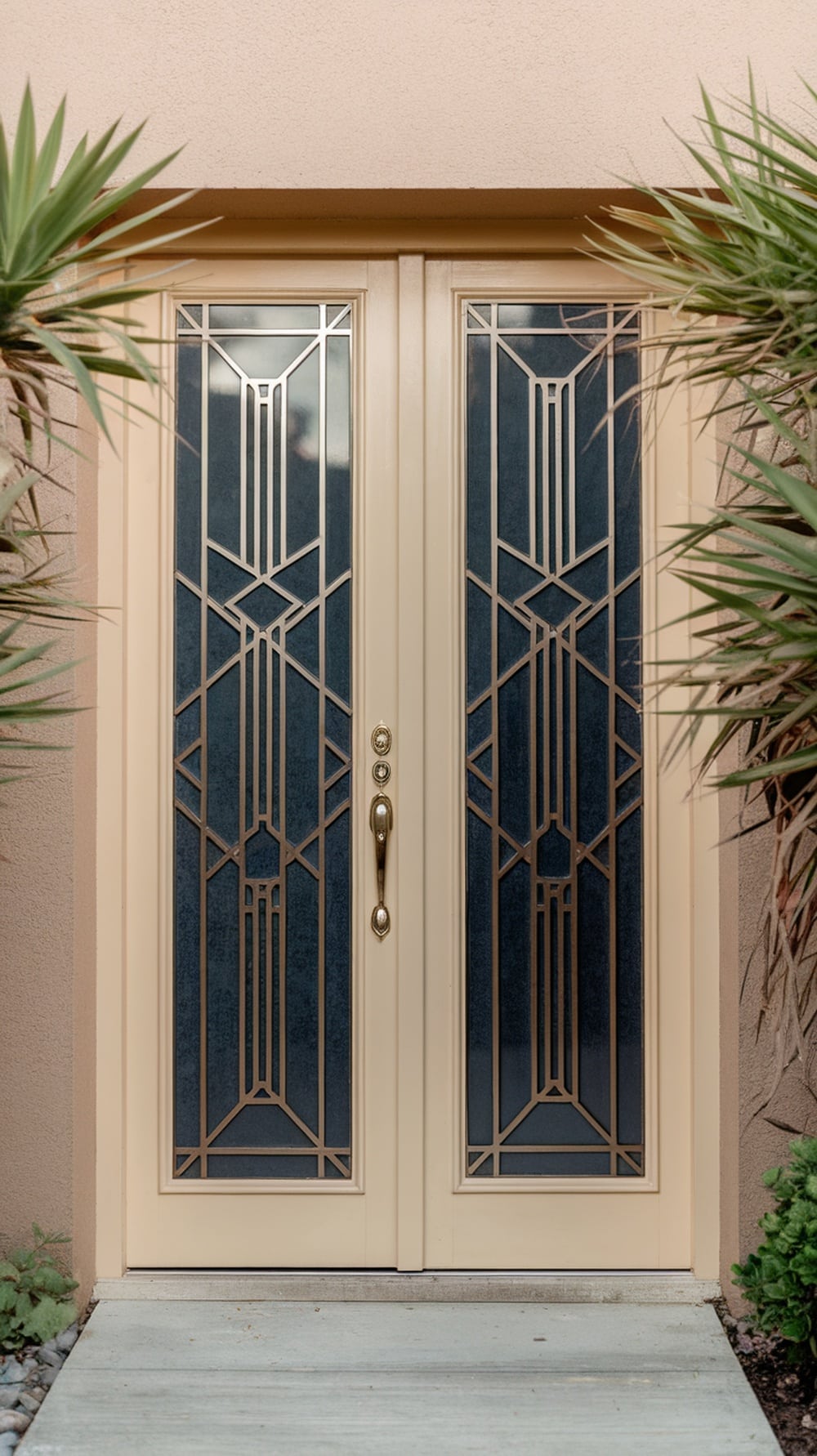 A cream front door with Art Deco design elements, featuring geometric patterns and glass panels, surrounded by greenery.