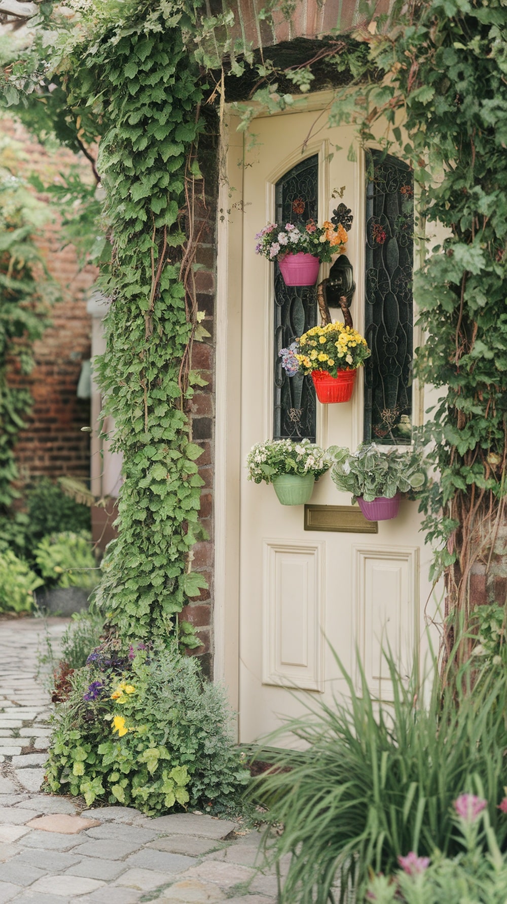 A cream front door surrounded by lush greenery and colorful flower pots, creating a whimsical garden escape.