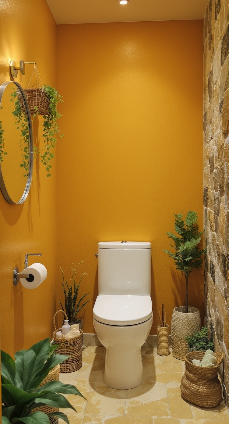 A mustard yellow bathroom with a stone wall, plants in baskets, and a round mirror.