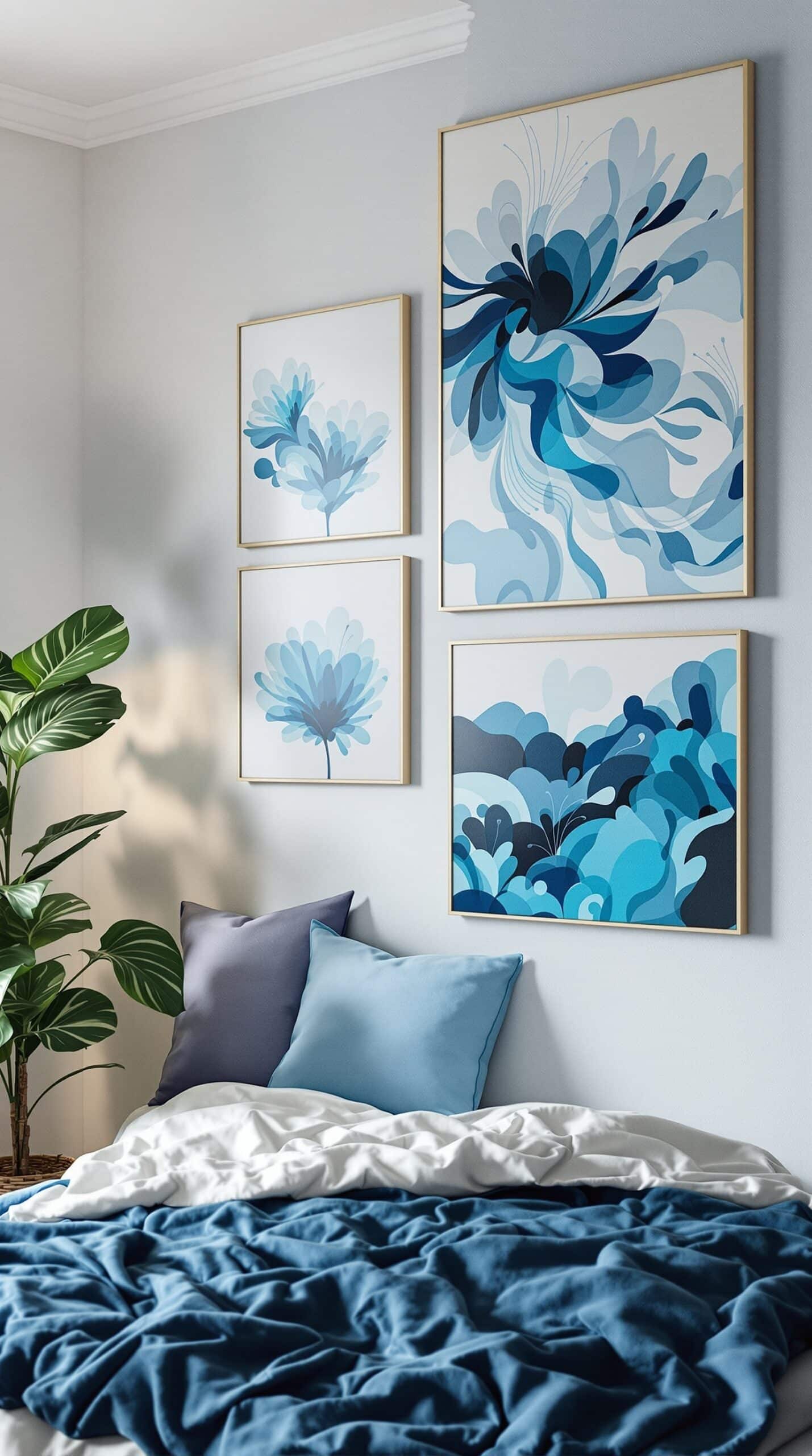 A cozy dorm room featuring peacock blue wall art and bedding.