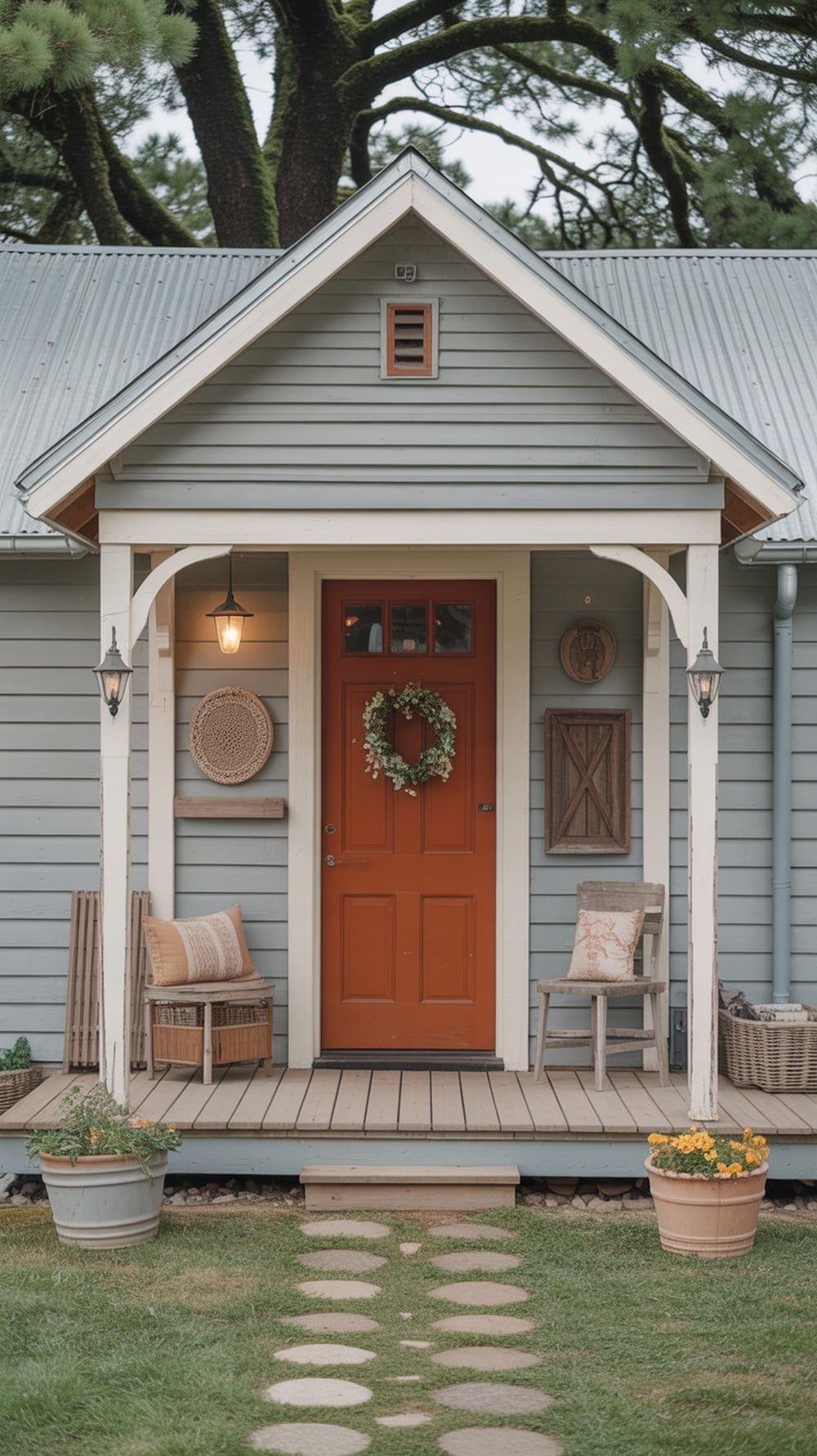 A rustic farmhouse with a rust orange front door, cozy seating, and potted plants on the porch.