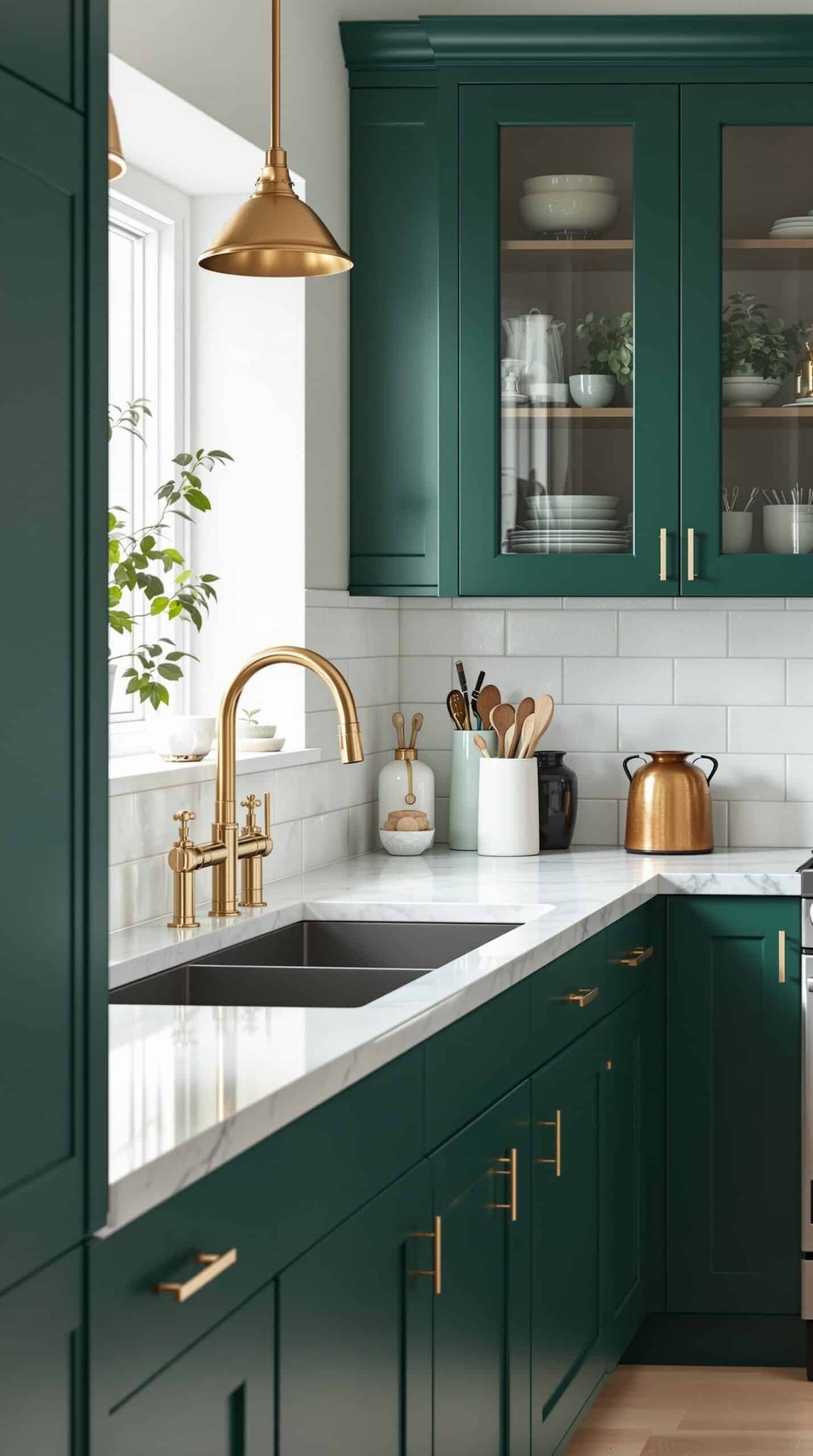 A modern kitchen featuring emerald green cabinets with gold accents, a gold faucet, and a bright window.