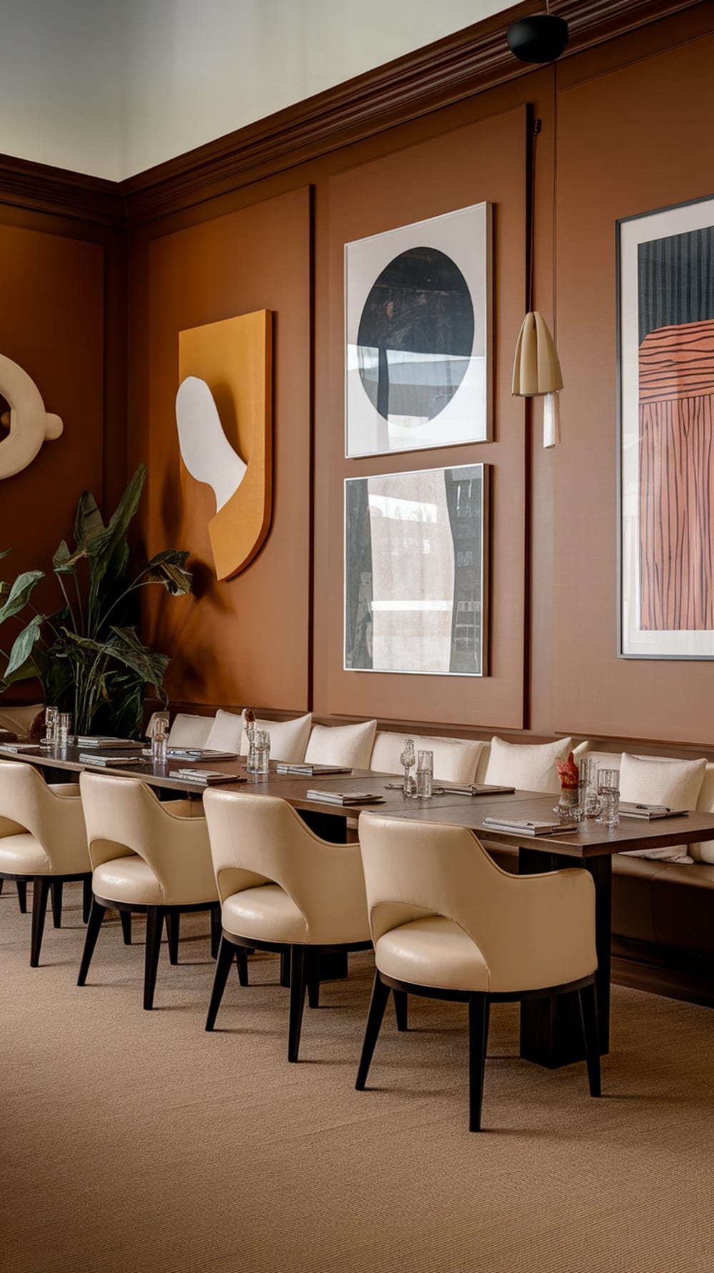 Dining room with caramel walls, contemporary art, and stylish seating