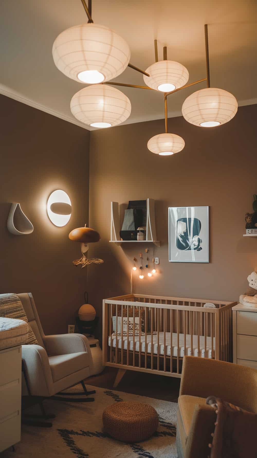 A mid-century modern nursery featuring stylish lighting fixtures and a cozy atmosphere.
