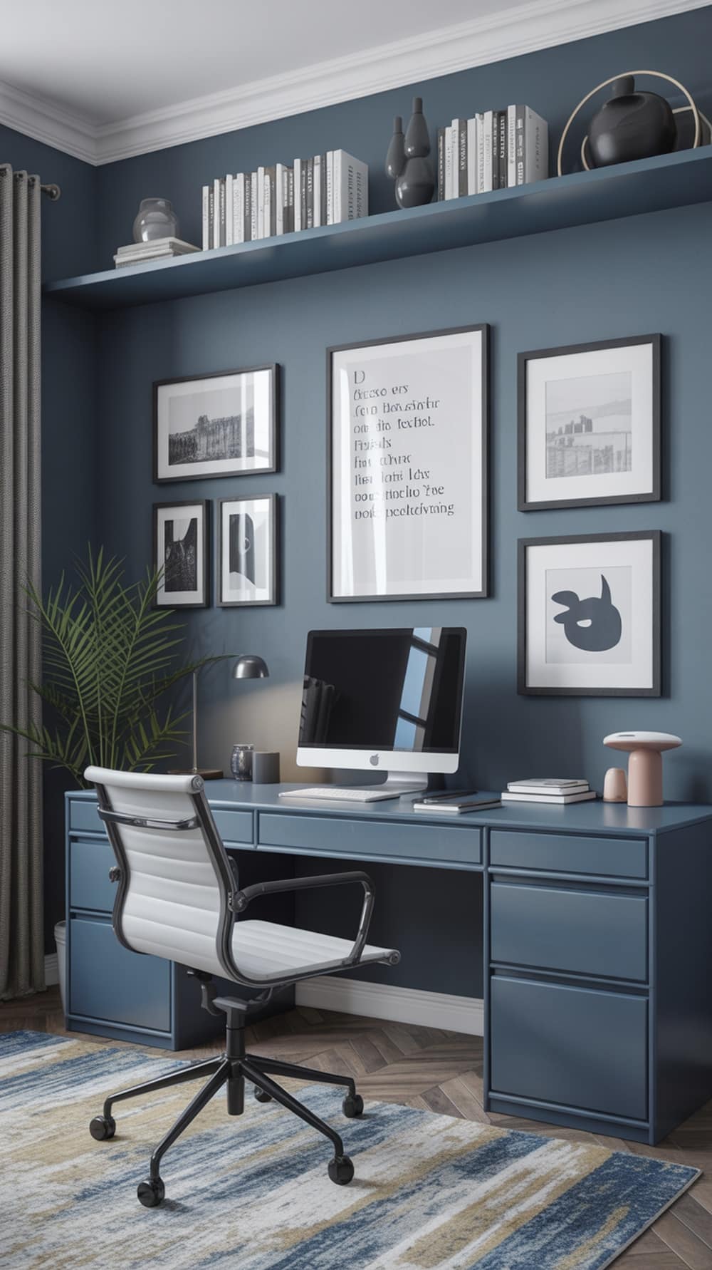 A modern home office with slate blue walls, a sleek desk, a comfortable chair, and decorative elements.