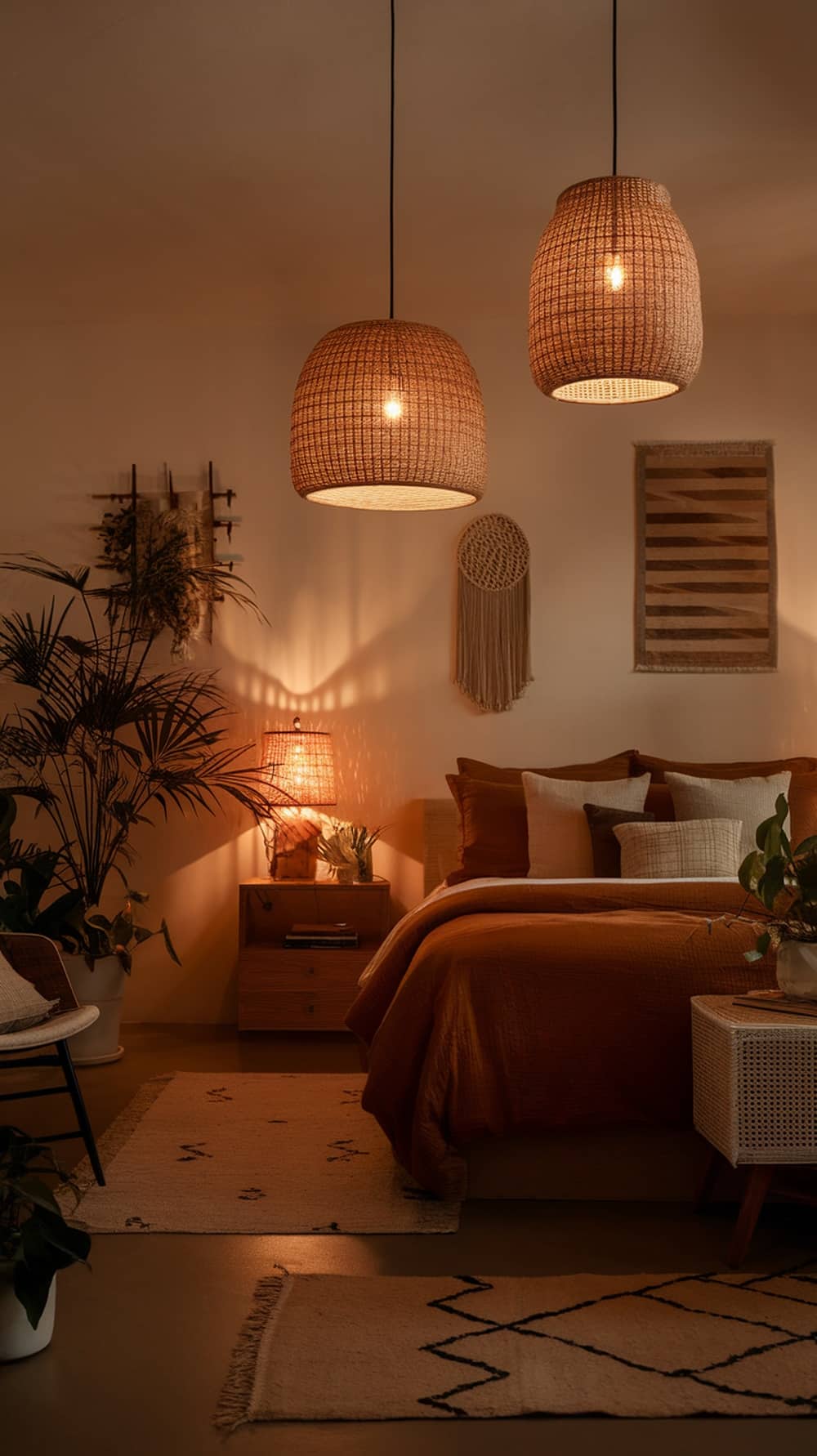 A cozy bedroom with layered lighting, featuring woven pendant lights and a bedside lamp, creating a warm atmosphere.