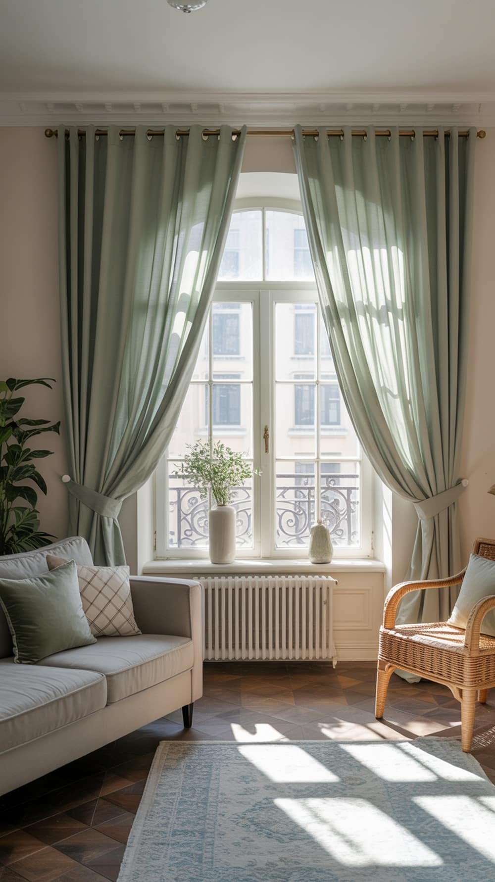 A living room featuring mint green curtains, a cozy sofa, and a wicker chair, creating a light and inviting atmosphere.