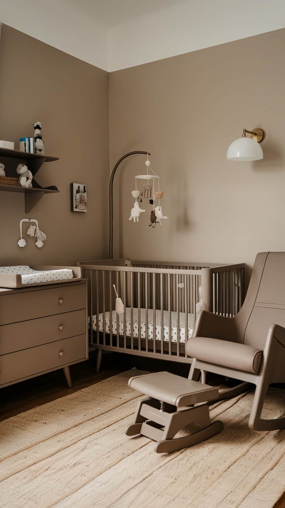 A taupe nursery featuring vintage-inspired furniture, including a crib, rocking chair, and changing table.