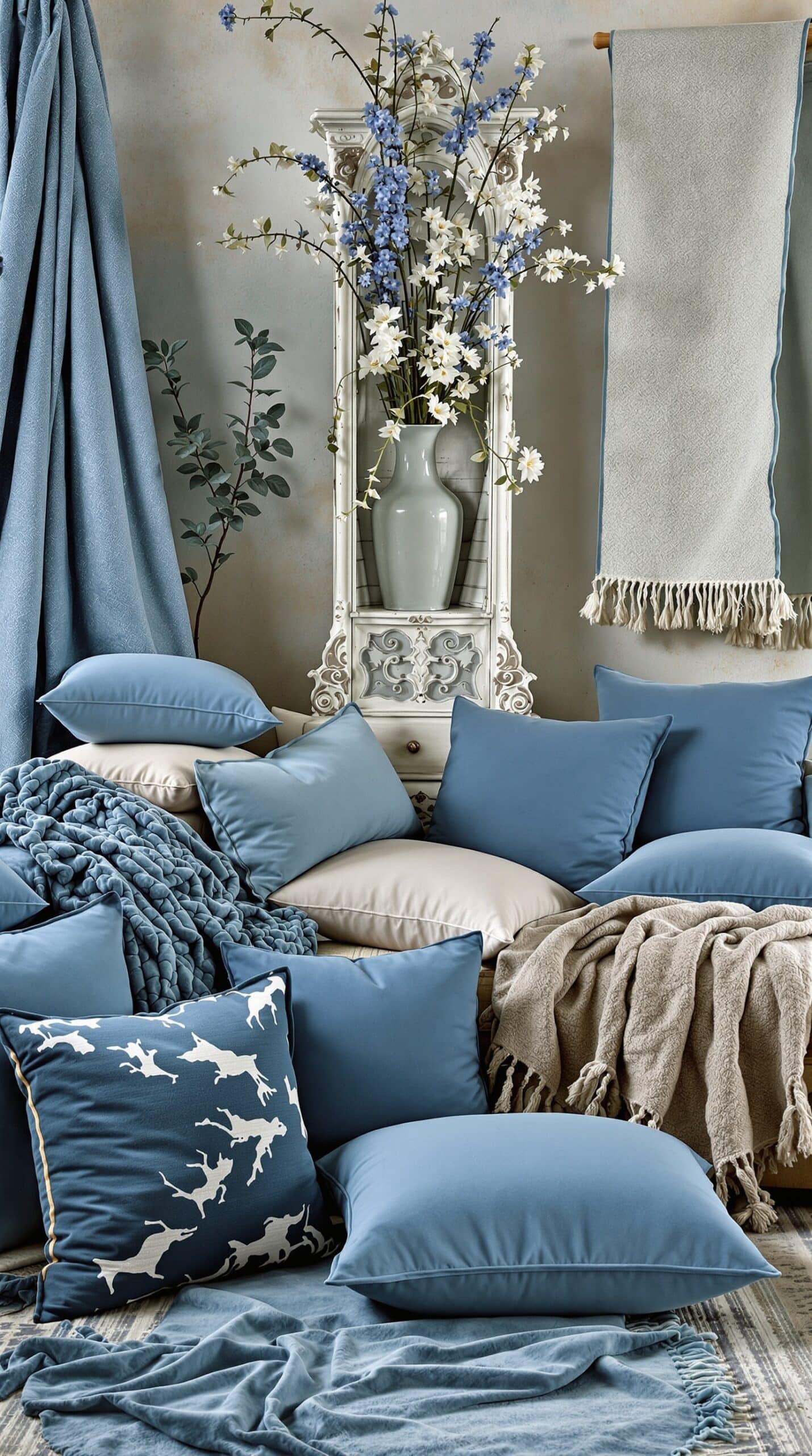 A cozy arrangement of dusty blue textiles including pillows, throws, and curtains, creating a warm and inviting atmosphere.