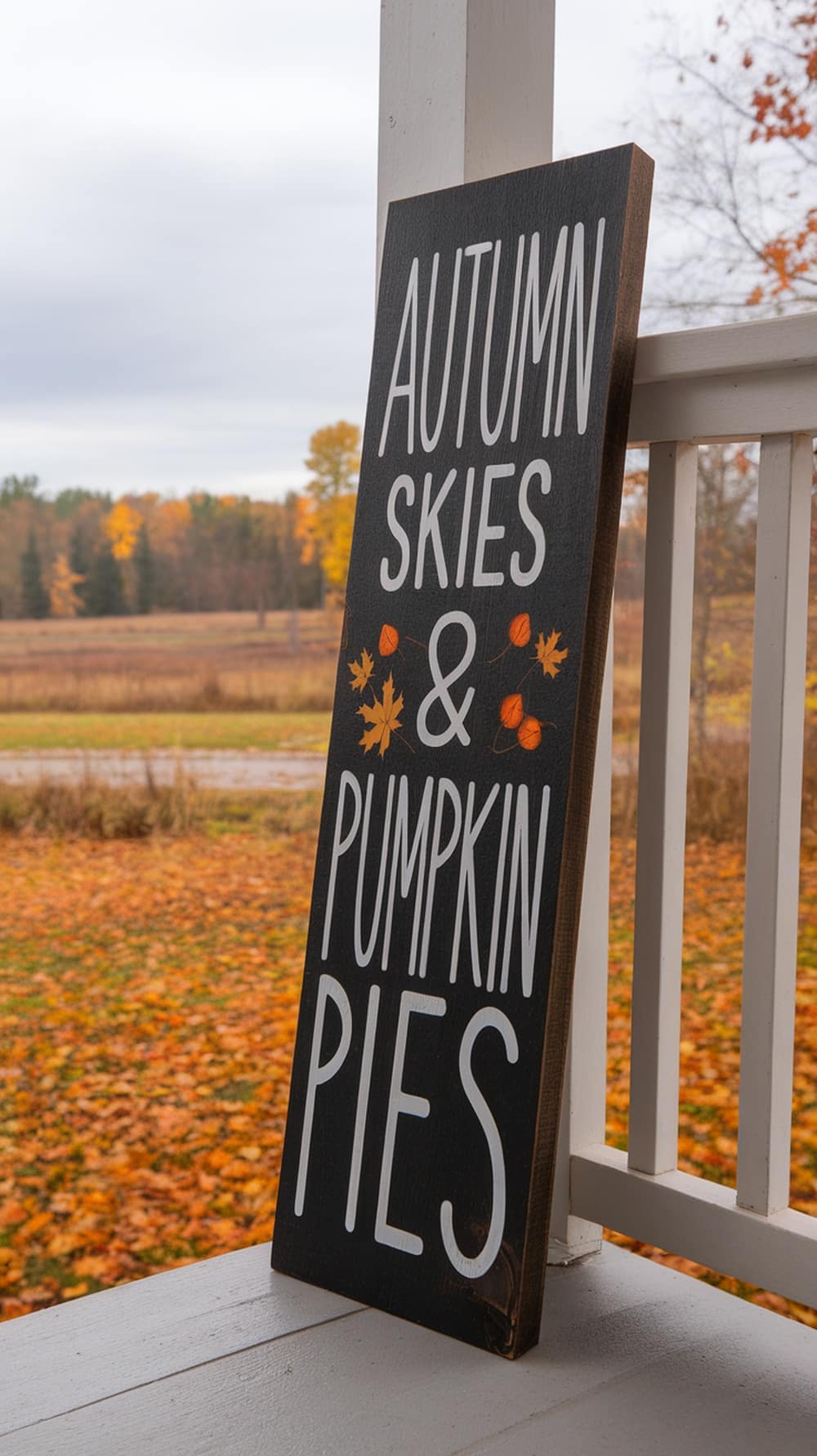 A rustic wooden sign with fall-themed quotes and colorful leaves.