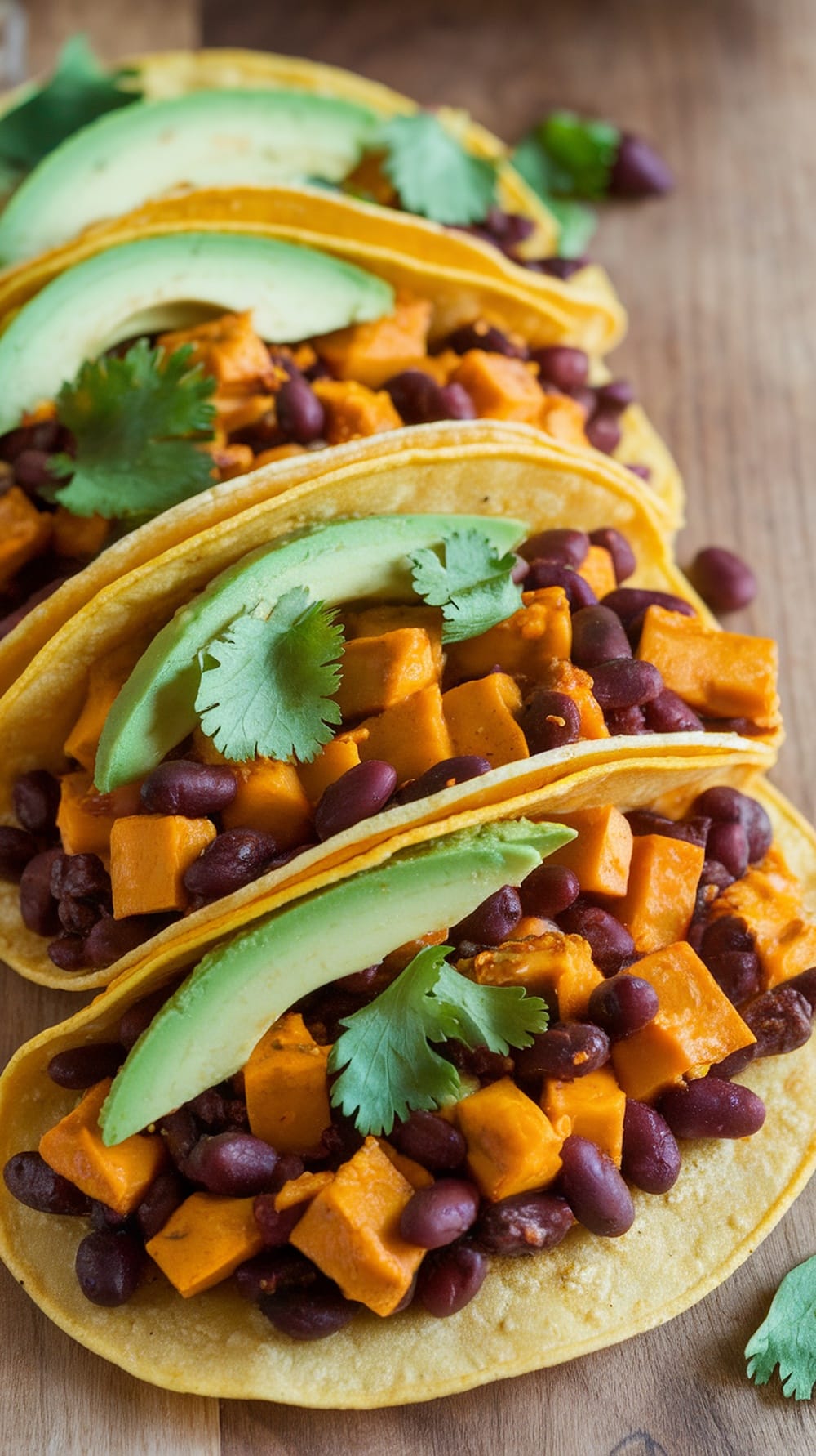 Pumpkin and black bean tacos topped with avocado and cilantro