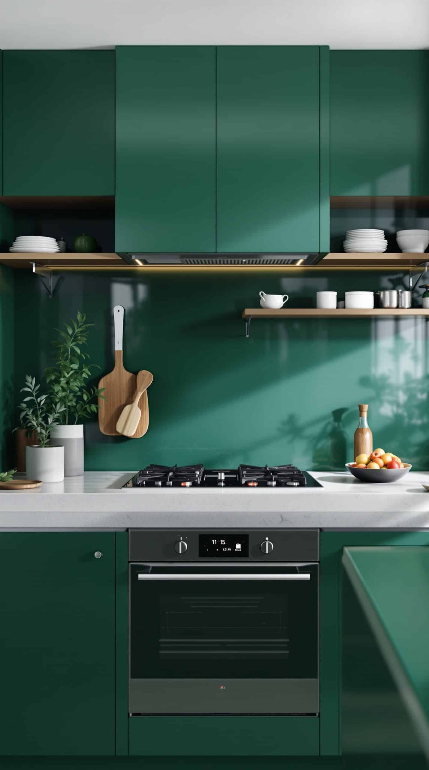 A modern kitchen featuring emerald green cabinets, a sleek oven, and smart technology integration.