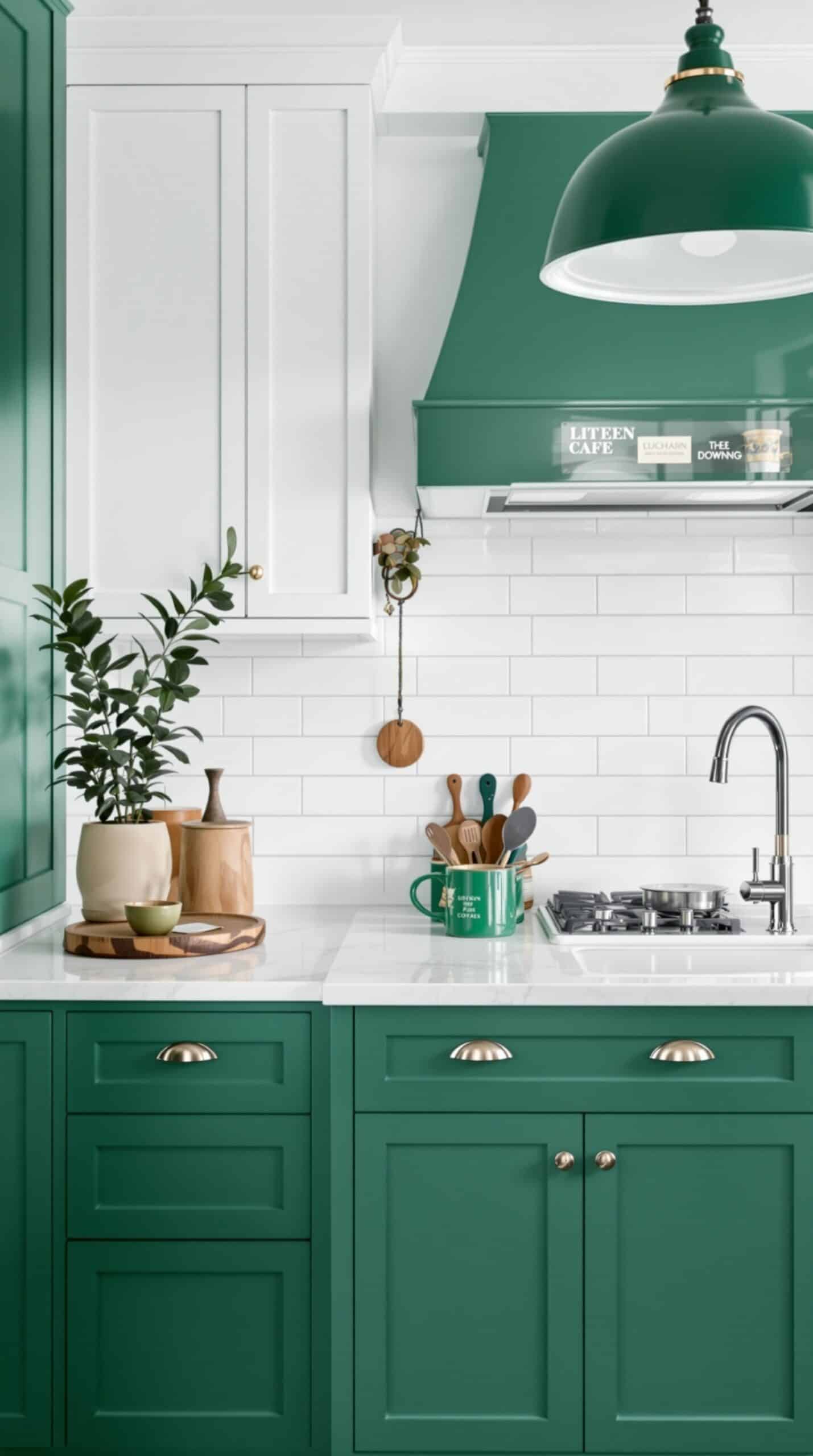 A modern kitchen featuring emerald green cabinets and white elements, showcasing a stylish contrast.