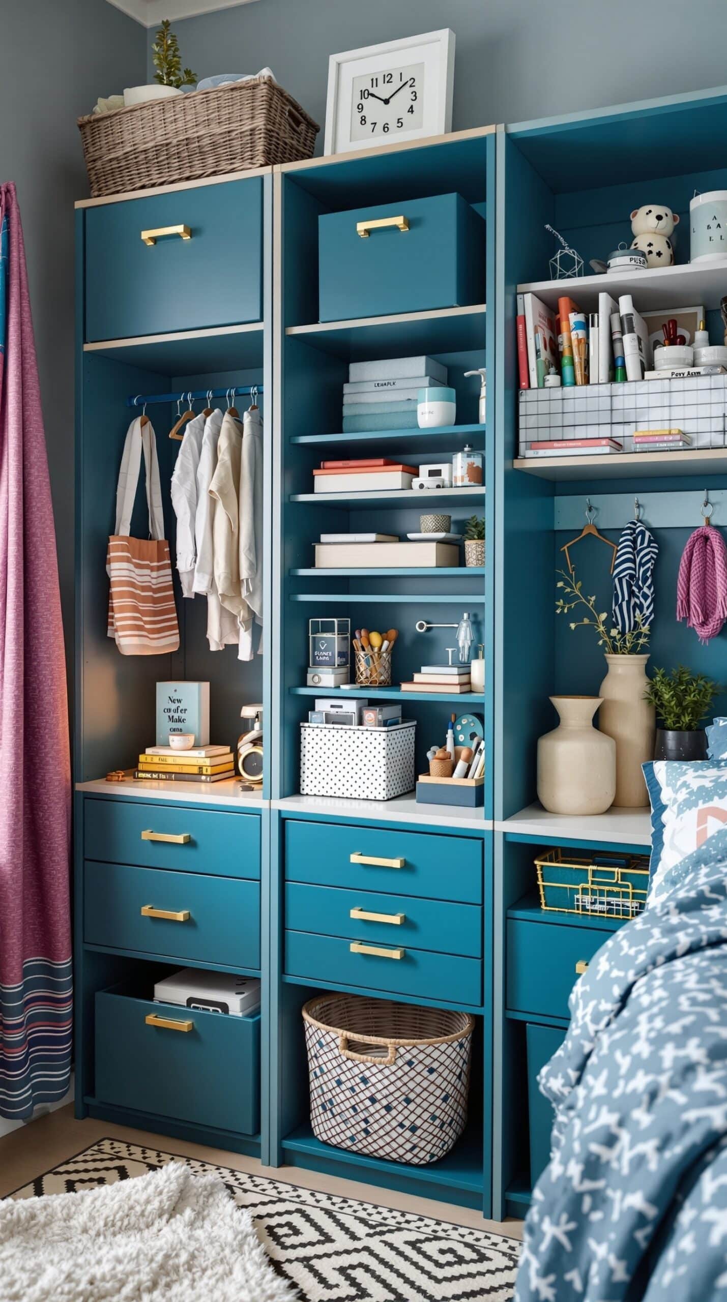 A stylish peacock blue storage unit with shelves and drawers, filled with various items for organization.