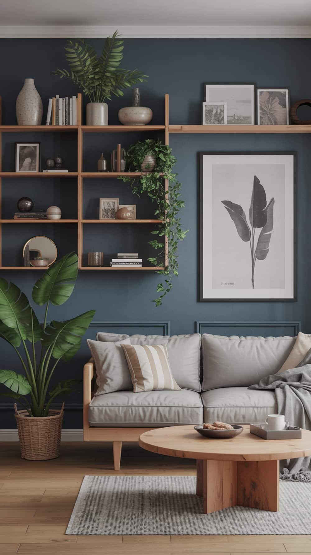 A cozy living room featuring slate blue walls, natural wood shelving, and a light gray sofa with striped pillows.