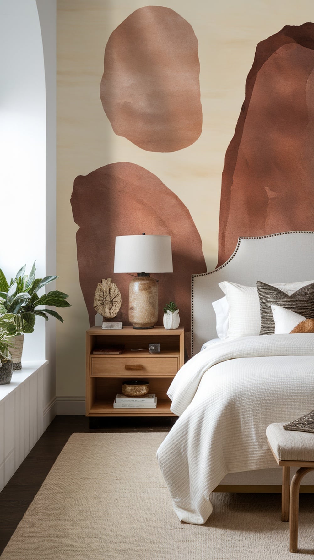 A serene bedroom featuring burnt sienna wall art, light bedding, and natural wood furniture.