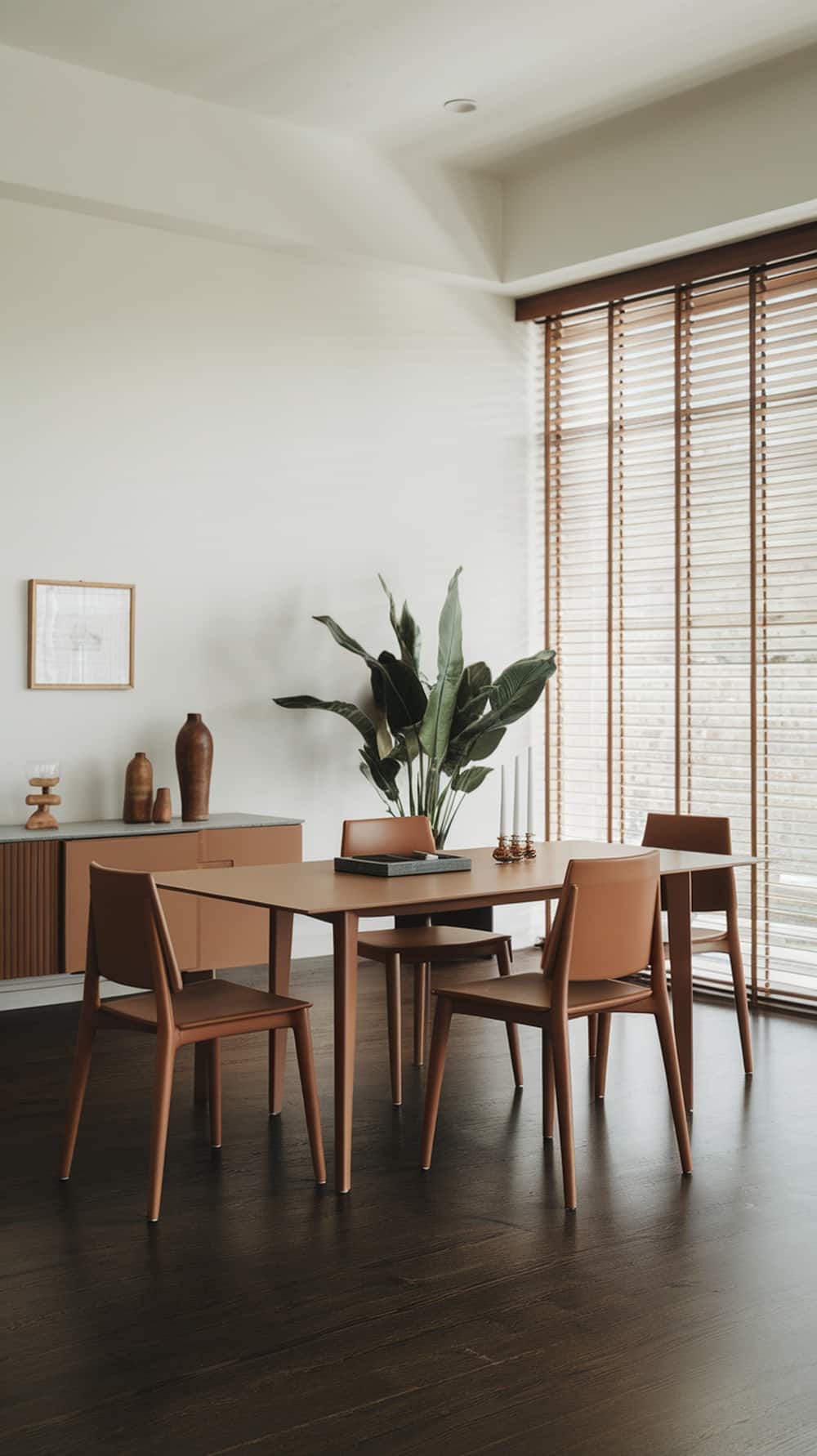 Minimalist dining room with caramel furniture and natural decor