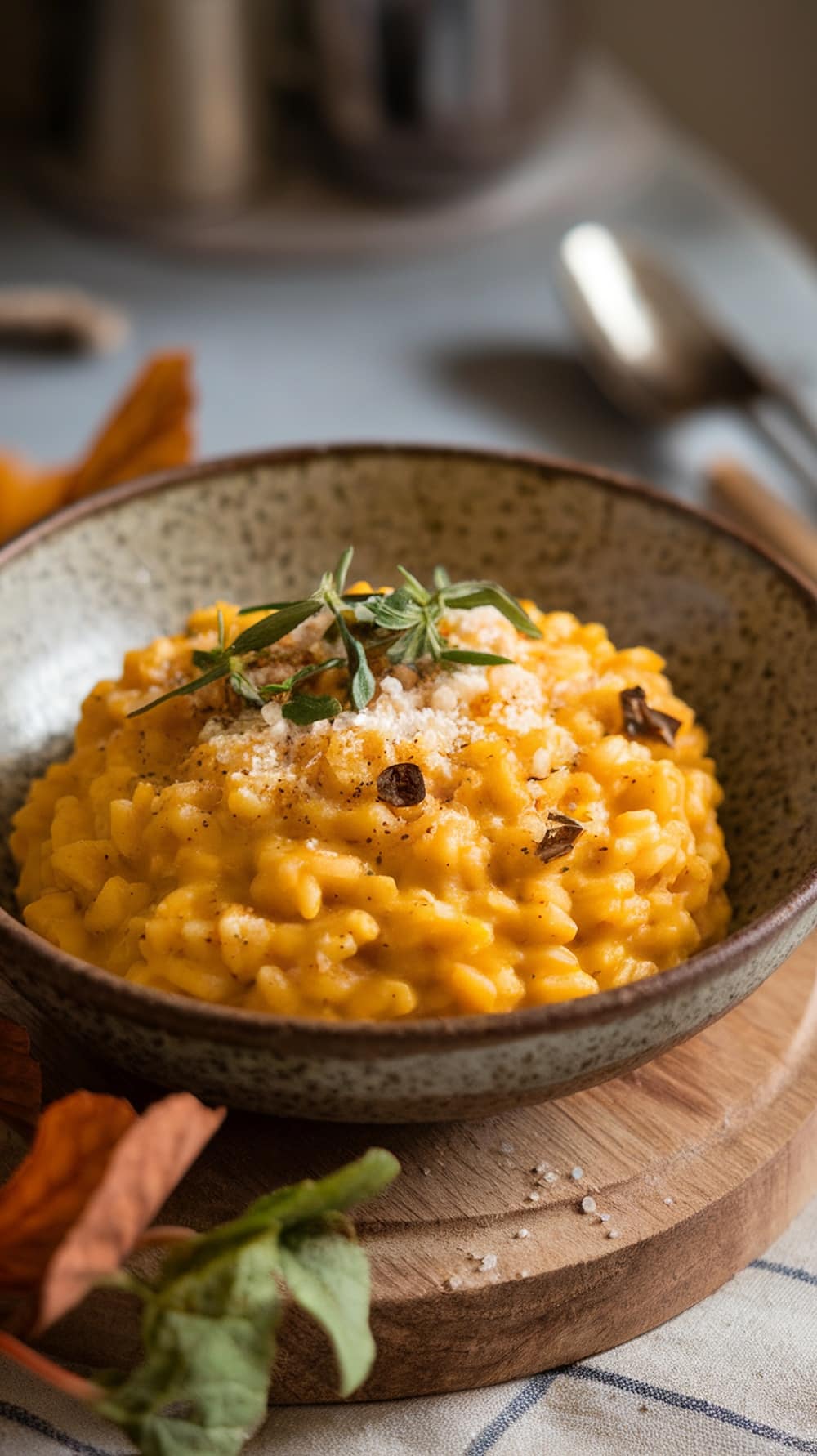 A bowl of creamy pumpkin risotto garnished with herbs and cheese