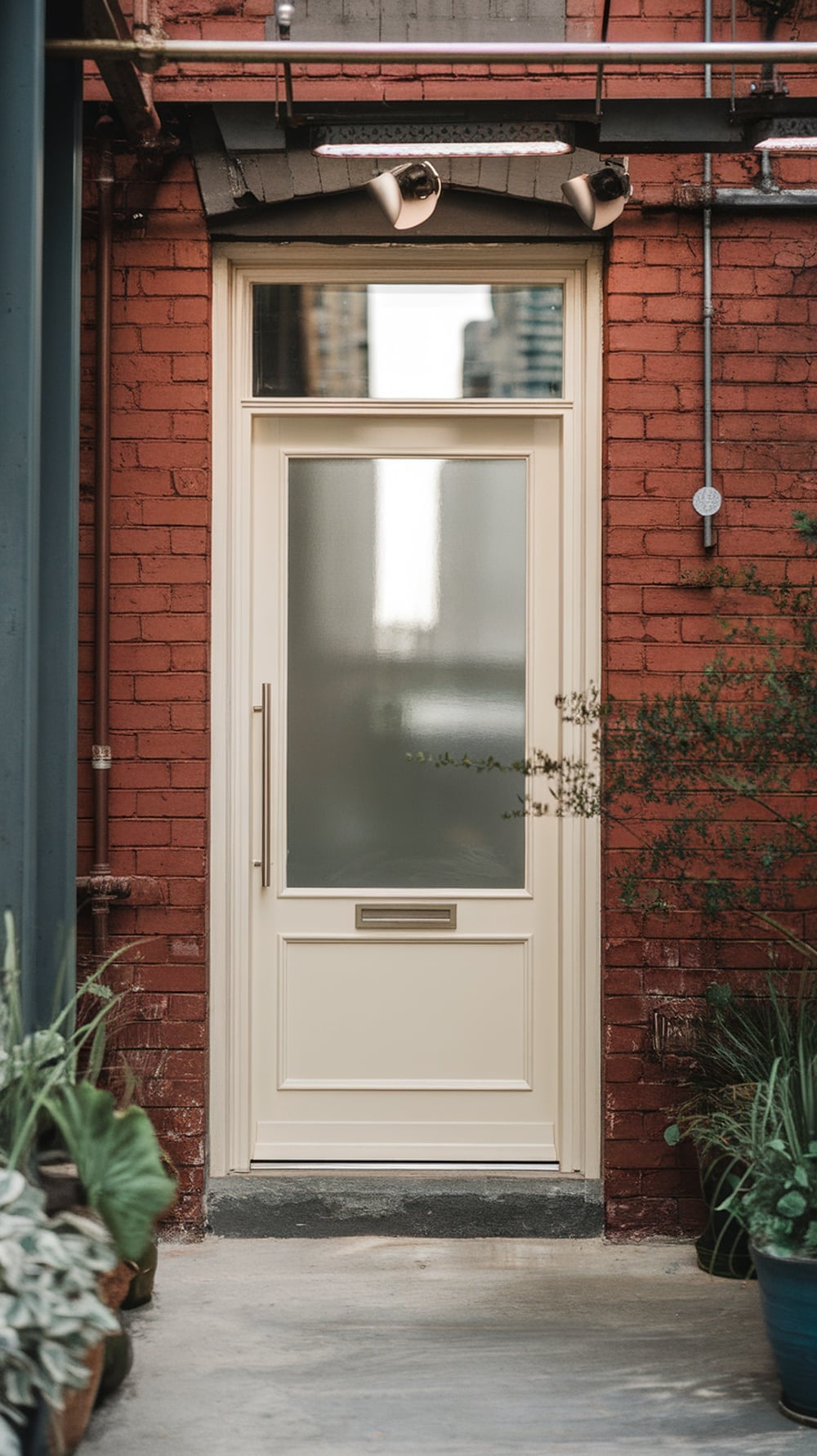 Cream front door against a red brick wall in an urban industrial setting