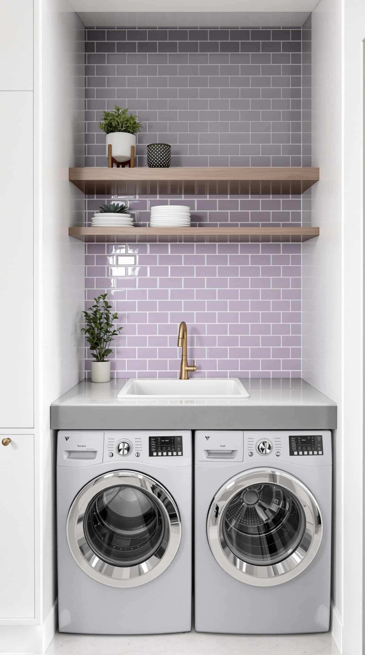 Laundry room with lavender backsplash and modern appliances