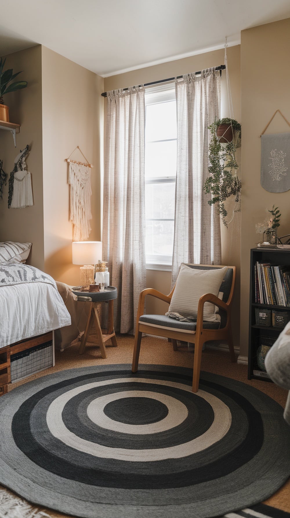 A cozy dorm room featuring a layered circular rug in shades of gray, a comfortable chair, and soft lighting.
