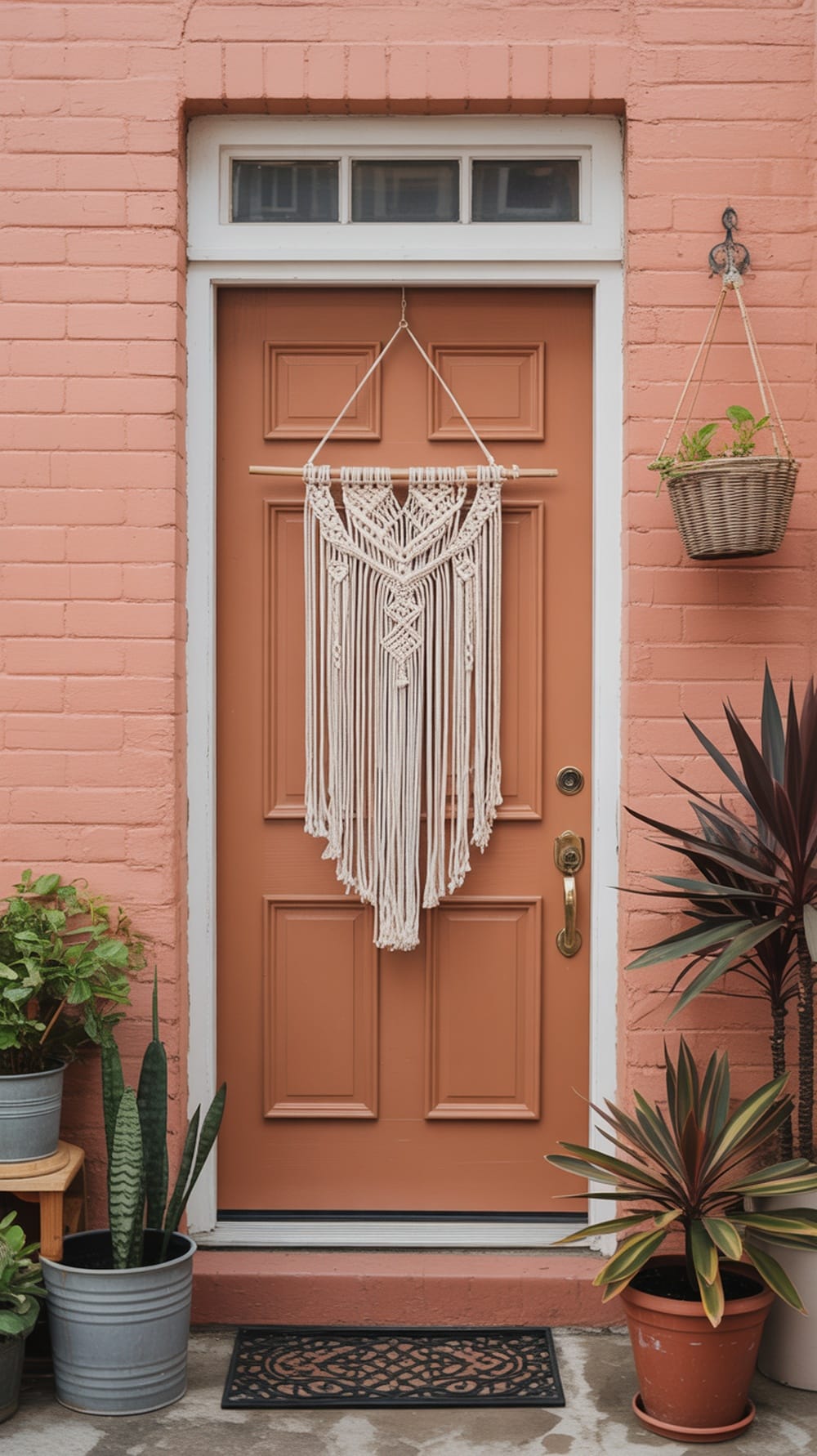 A rust orange front door with a macramé hanging, surrounded by potted plants, showcasing a bohemian aesthetic.