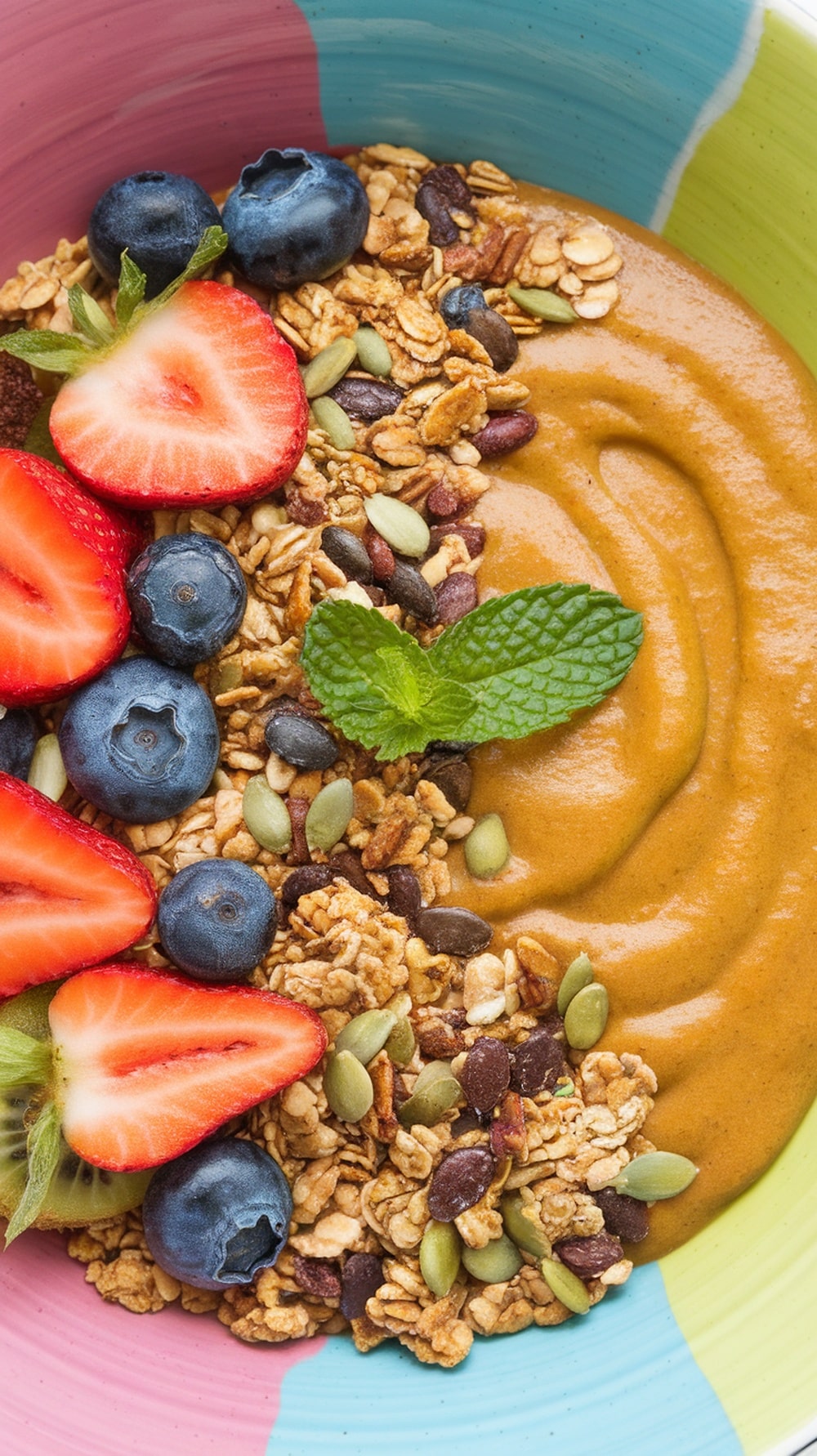 A colorful pumpkin smoothie bowl topped with strawberries, blueberries, granola, and a mint leaf.