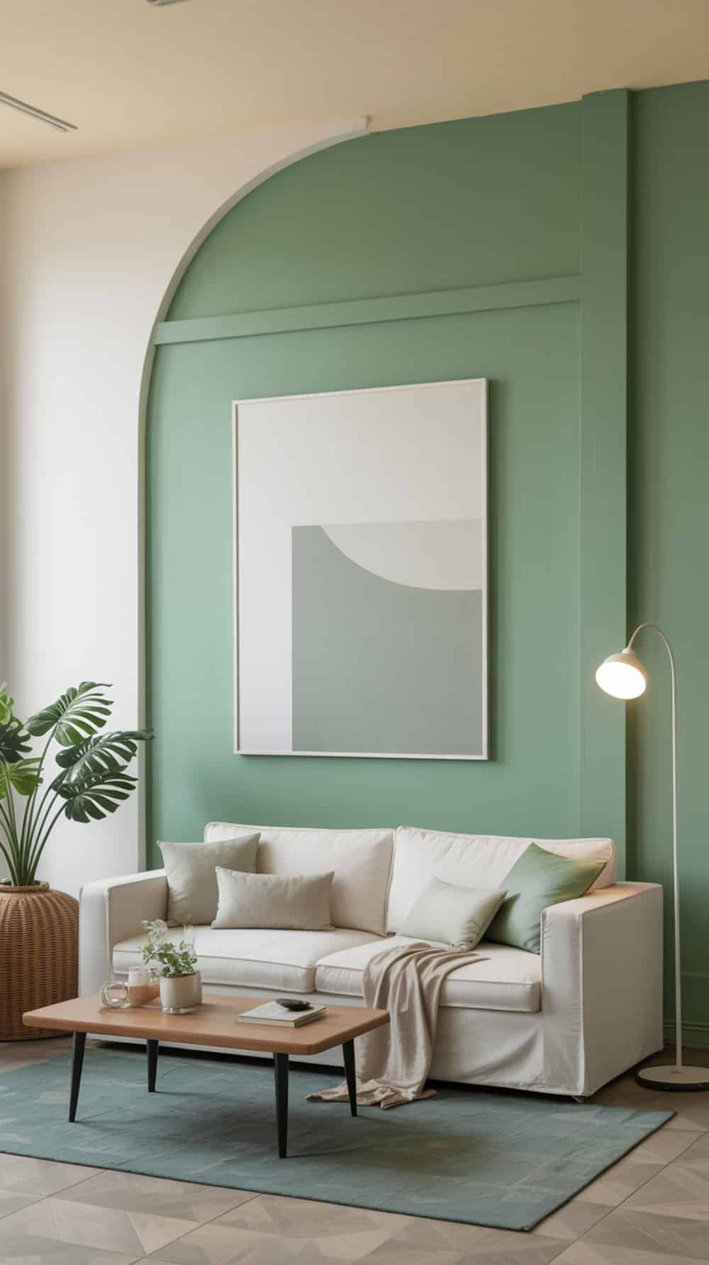 A living room featuring a mint green wall, white sofa, and natural decor elements.