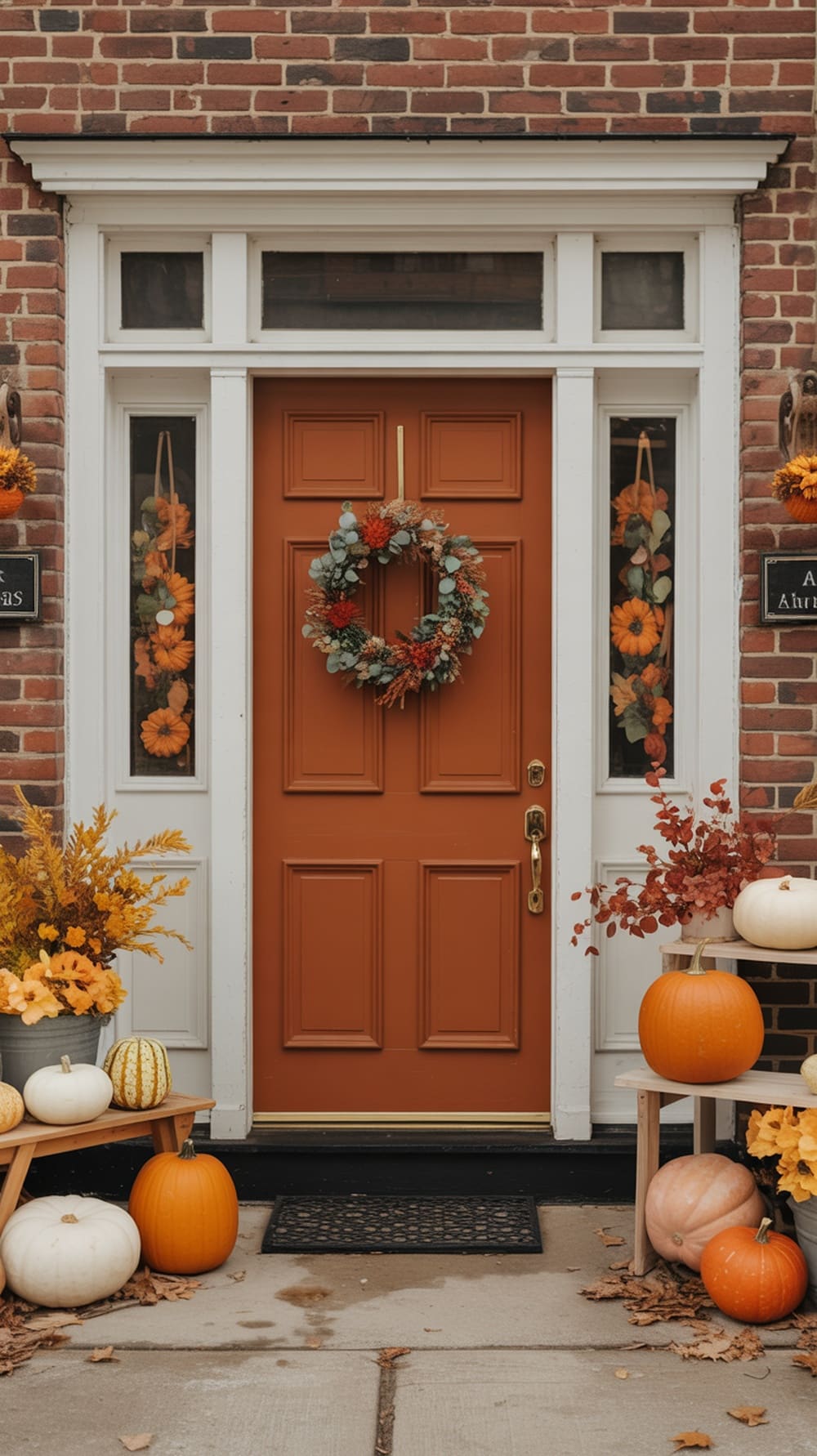 A rust orange front door decorated with a floral wreath, pumpkins, and autumn foliage.