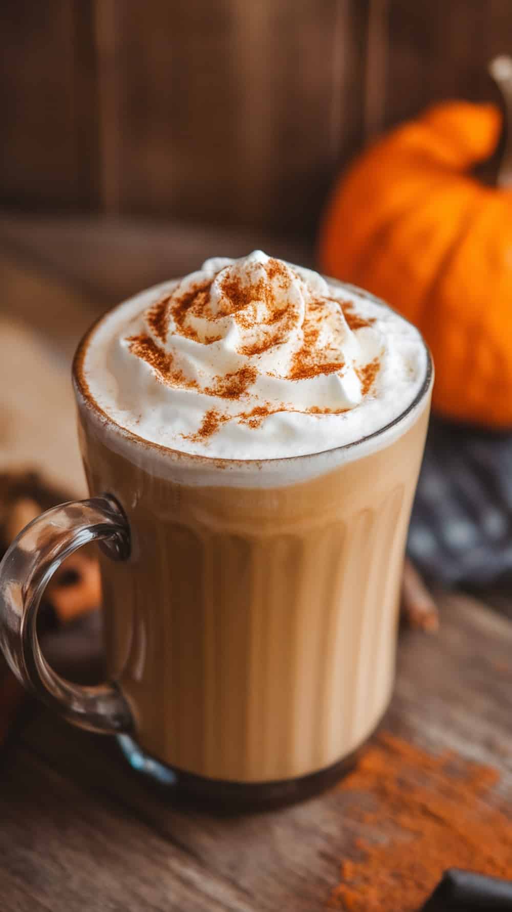 A Pumpkin Chai Latte topped with whipped cream and cinnamon, with a pumpkin in the background.
