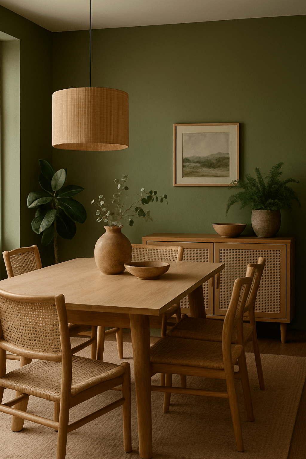 A cozy dining room with olive green walls, a wooden table, woven chairs, and plants.
