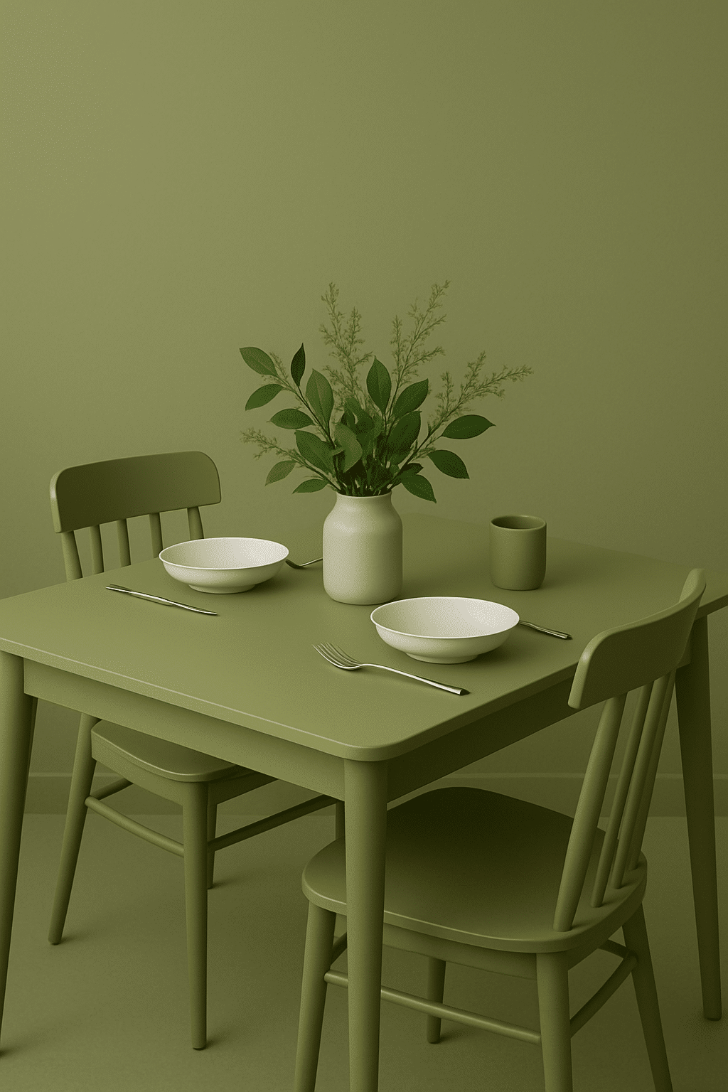 Minimalist olive green dining table setting with white bowls, a cup, and a vase of greenery.