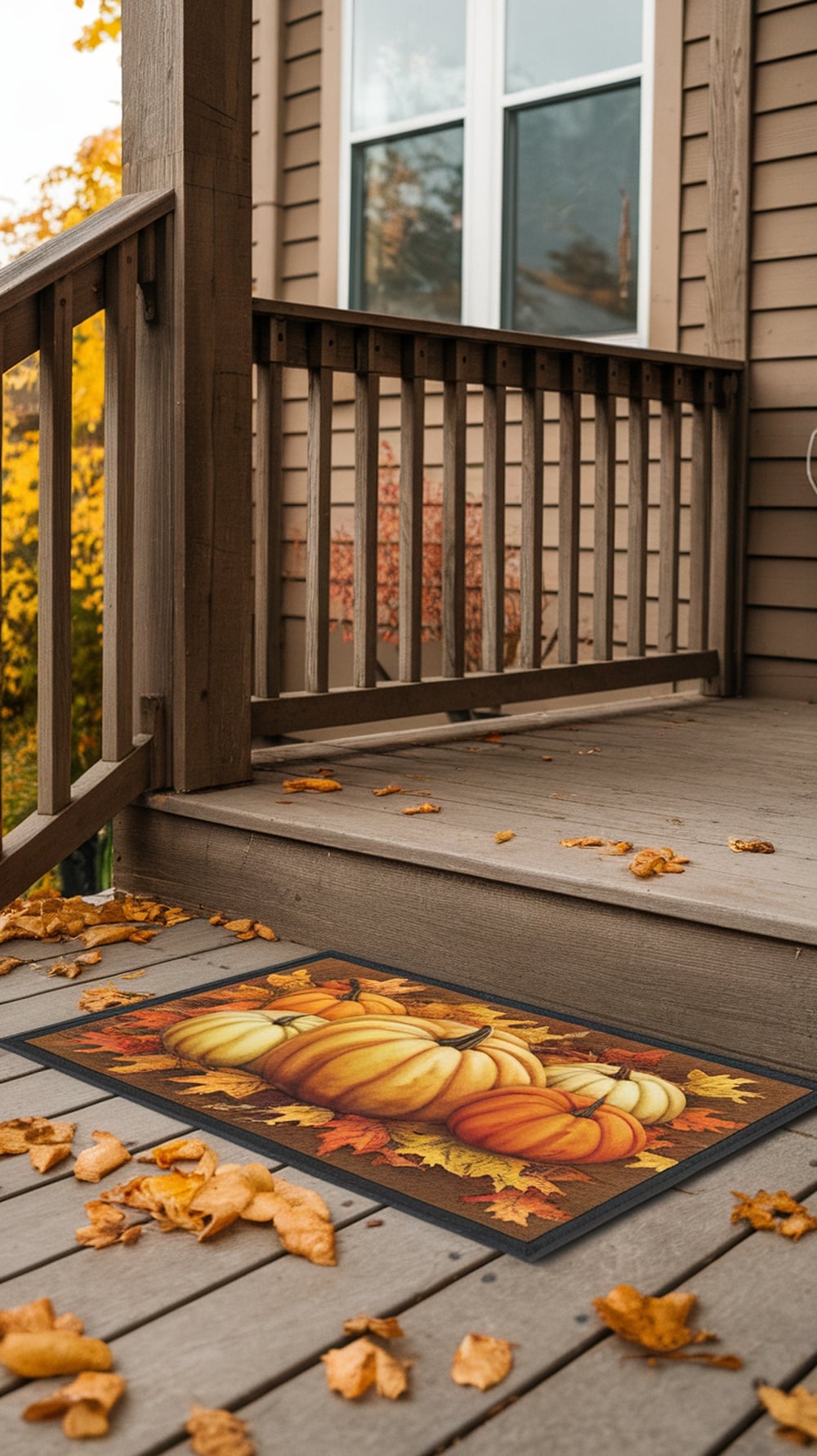 A decorative autumn-themed door mat with pumpkins on a porch surrounded by fallen leaves.