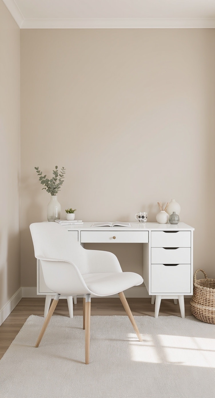A minimalist home office featuring a greige wall and white furniture.