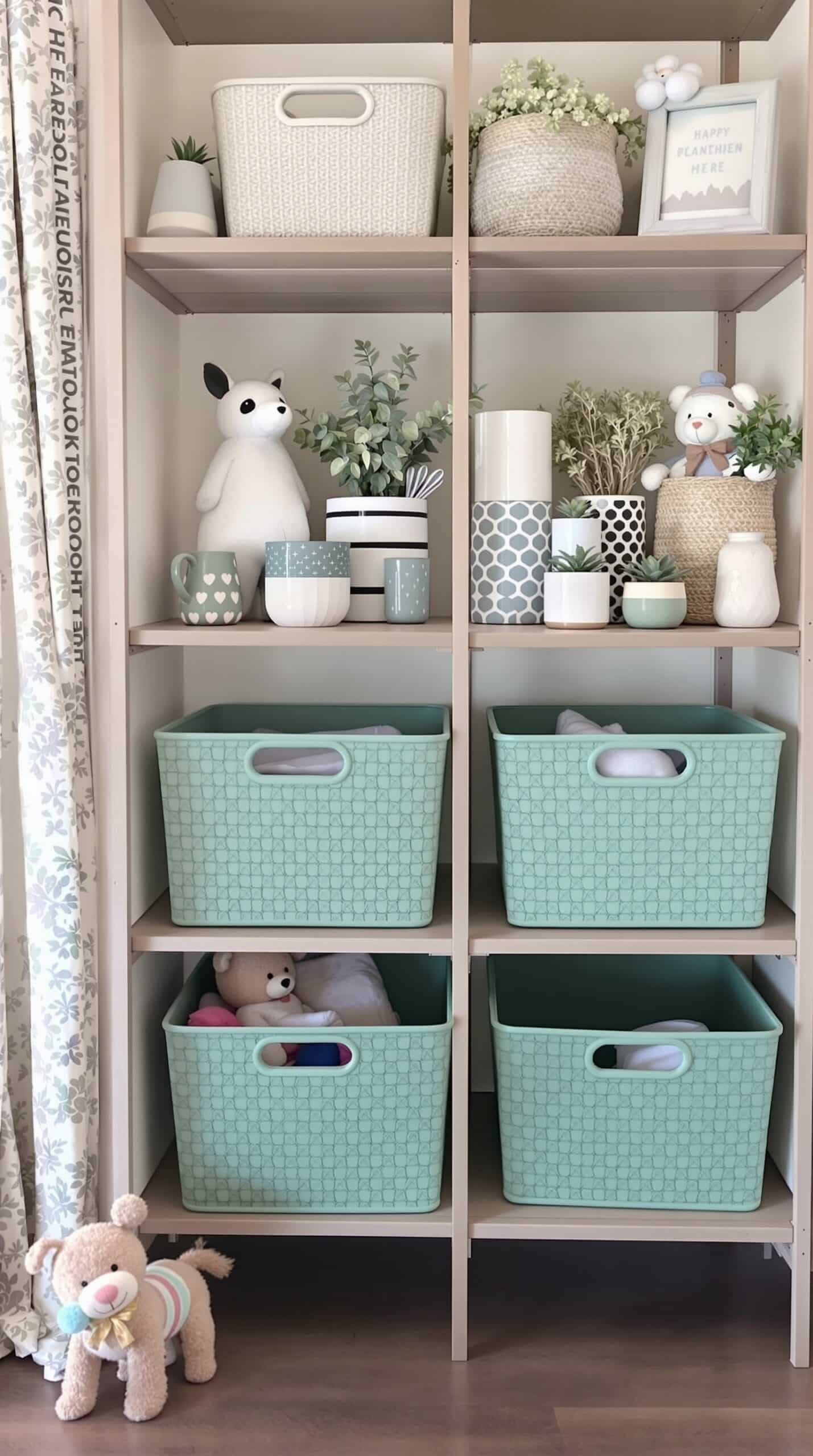 A stylish shelving unit with sage green storage bins, woven baskets, and decorative items in a nursery.