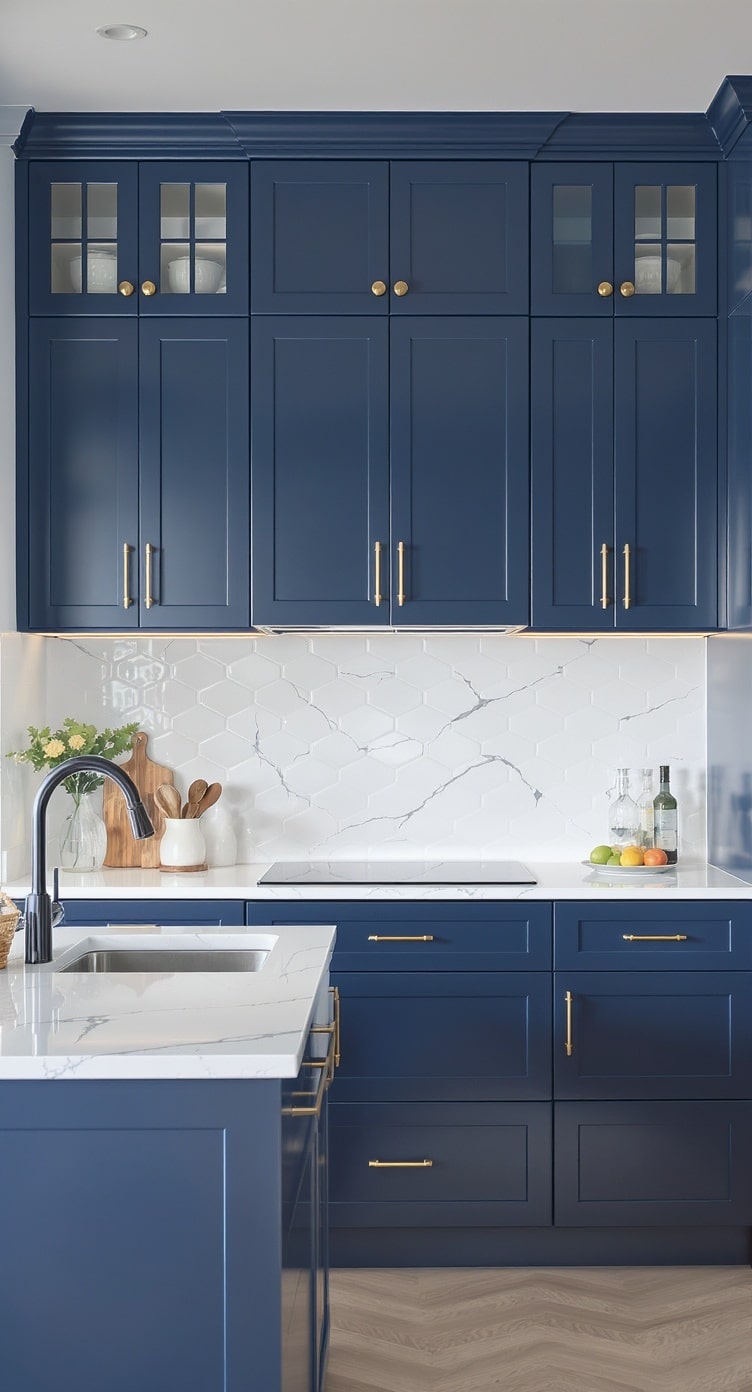 Stylish kitchen featuring indigo cabinets and white backsplash.