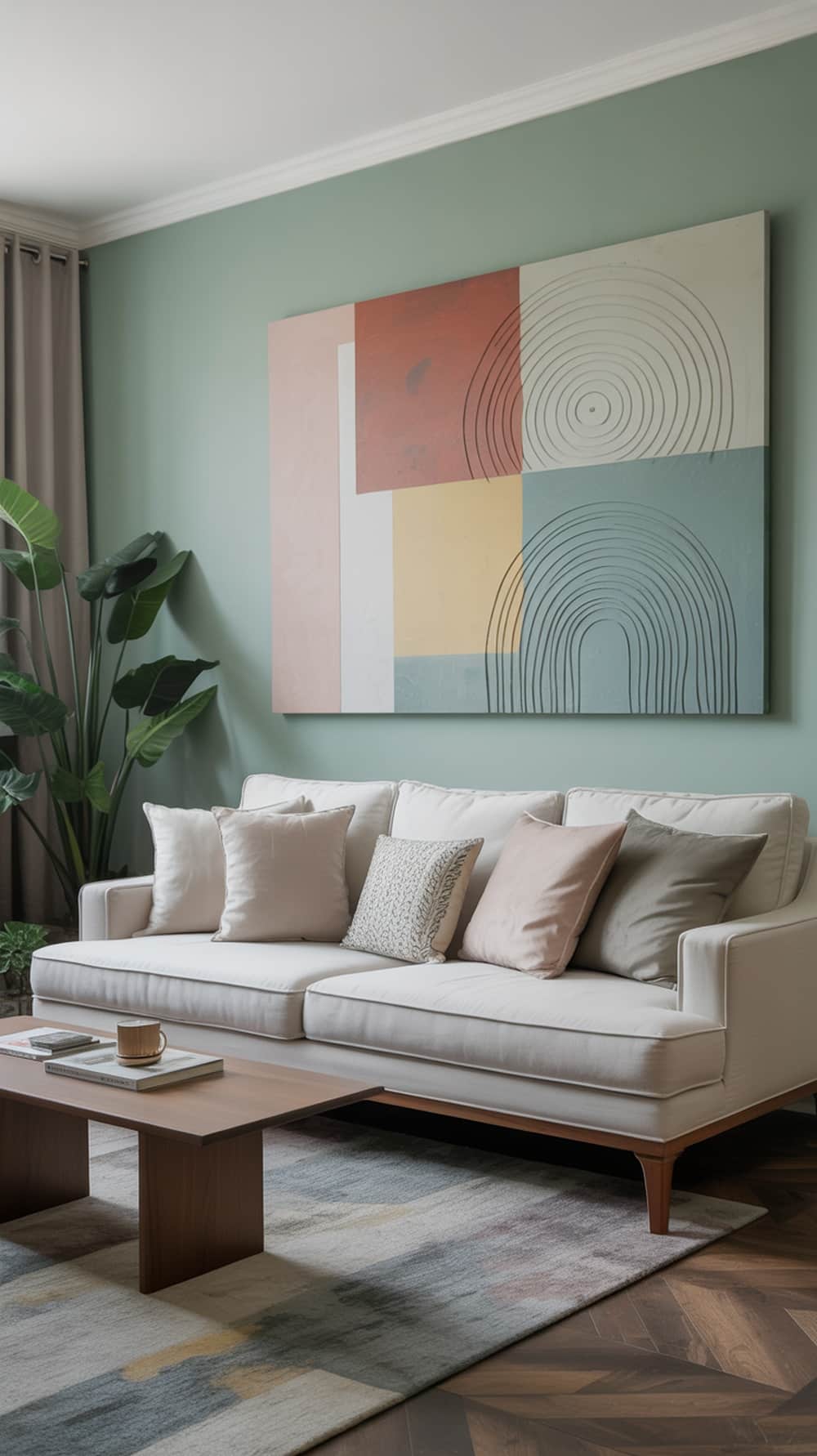 A mint-themed wall art piece above a white sofa in a mint green living room