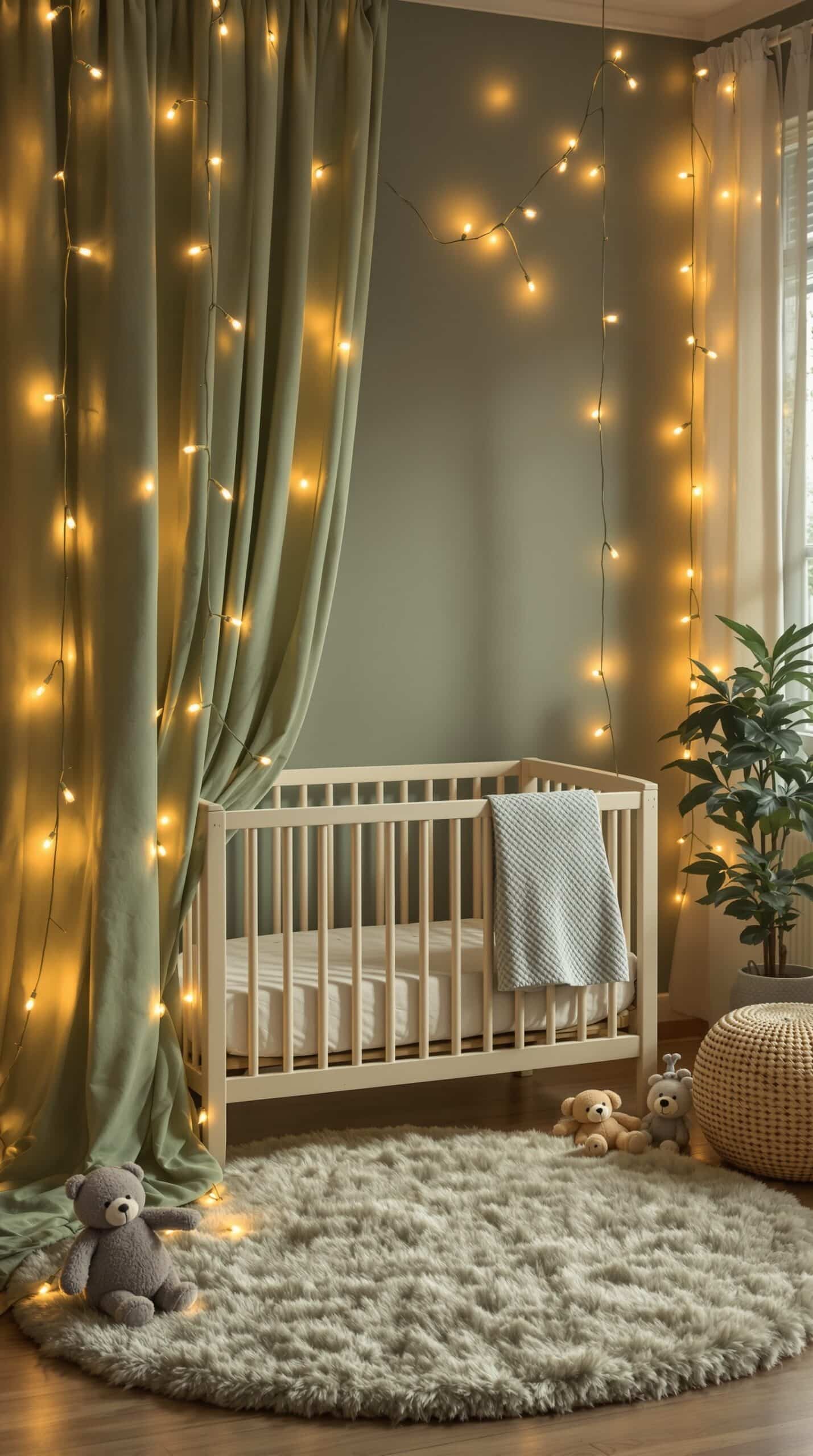 A cozy nursery with a crib, soft rug, and string lights creating a warm atmosphere.